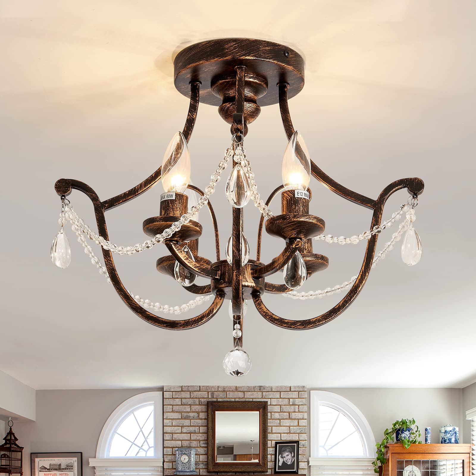 UOFUS Vintage Semi Flush Mount Crystal Chandelier Oil Rubbed Bronze 4-Light Small Metal Ceiling Light Fixture Farmhouse Ceiling 