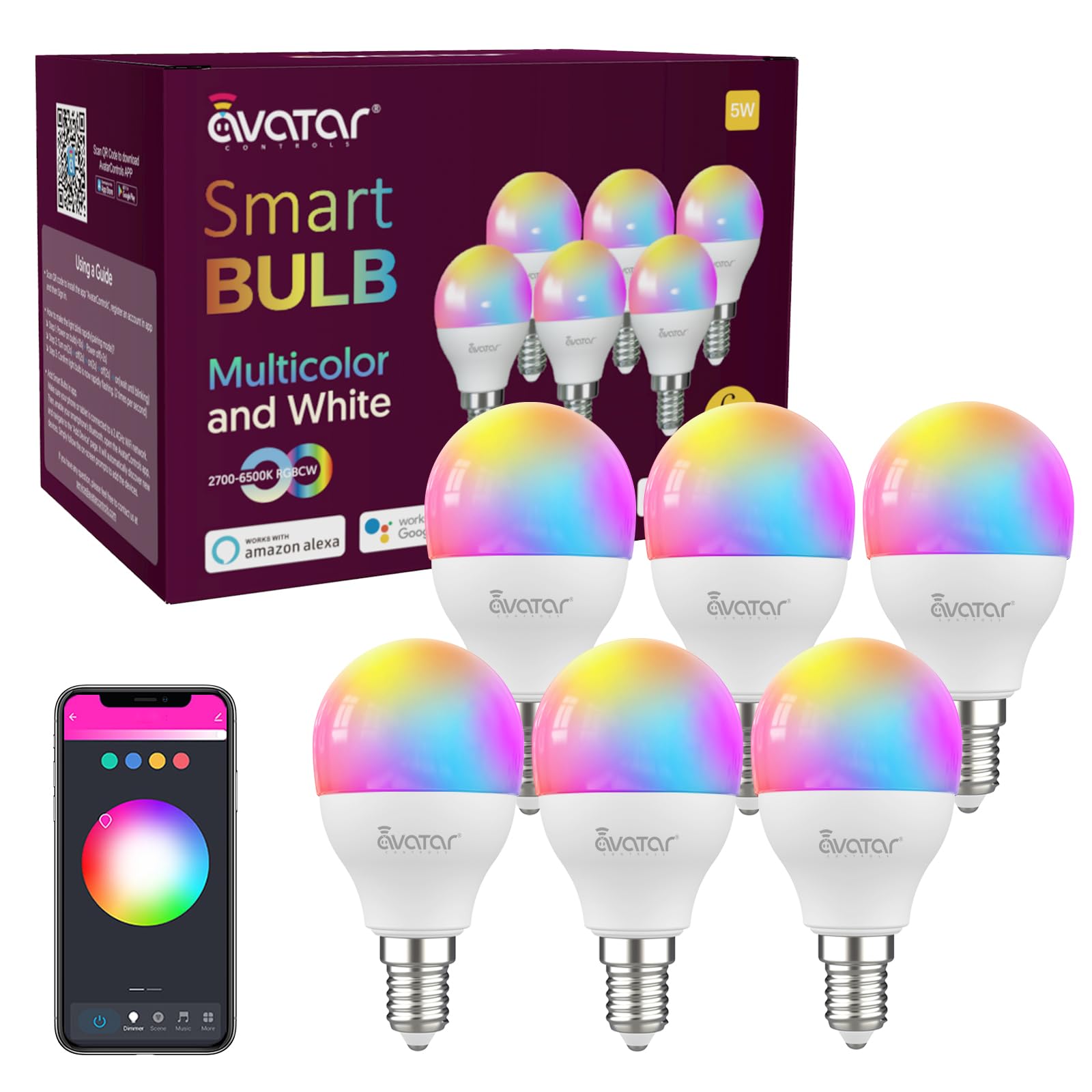 6 Pack E12 Smart Led Light Bulbs, 5W Alexa Small Base Candelabra Bulb, Group Control Wi-Fi Ceiling Fan Bulbs Color Changing & Tu