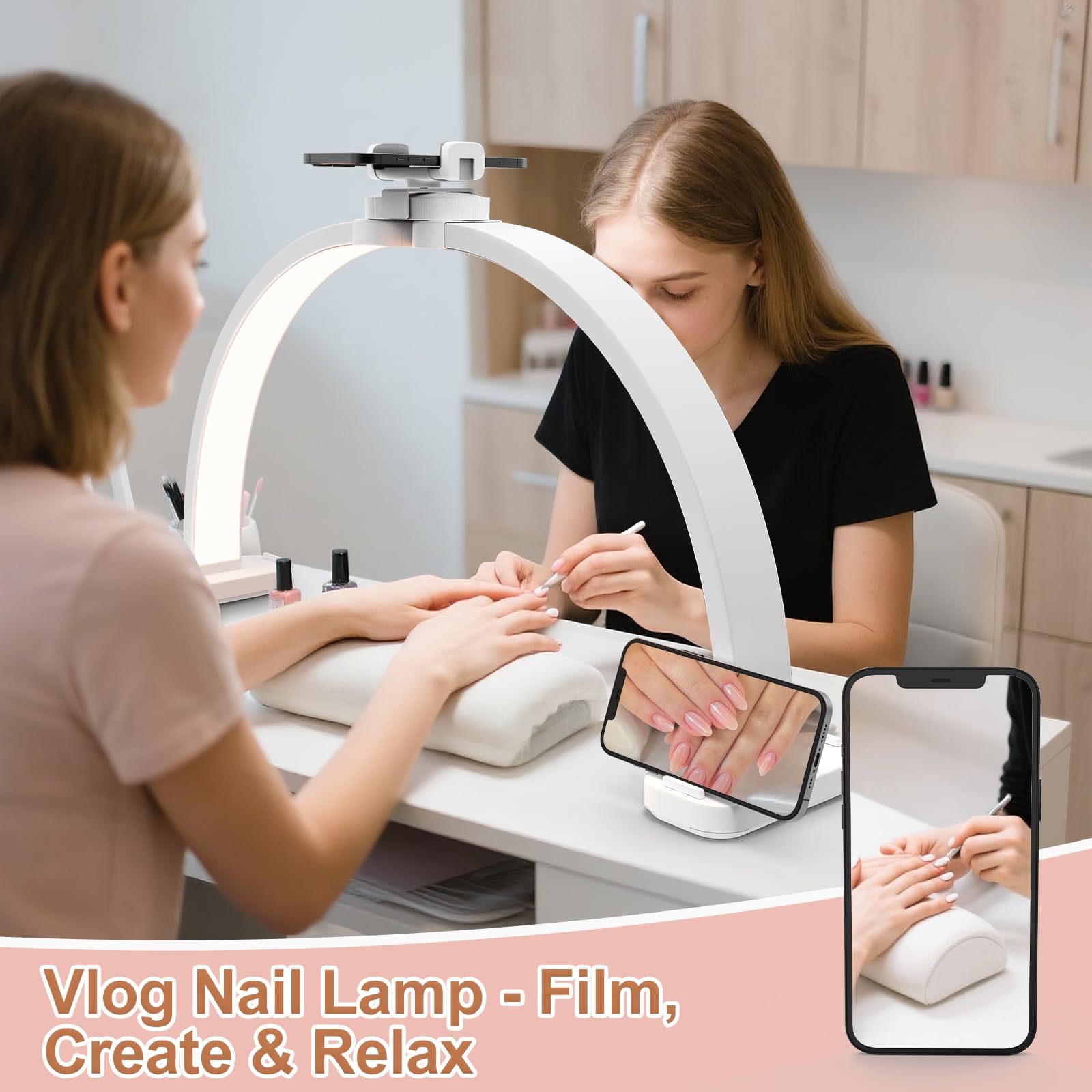 TONYFUL Half Moon Light for Nail Desk, 45W Nail Tech Light with Phone Holder, Foldable Arch Lamp with Stepless Dimming & Color T