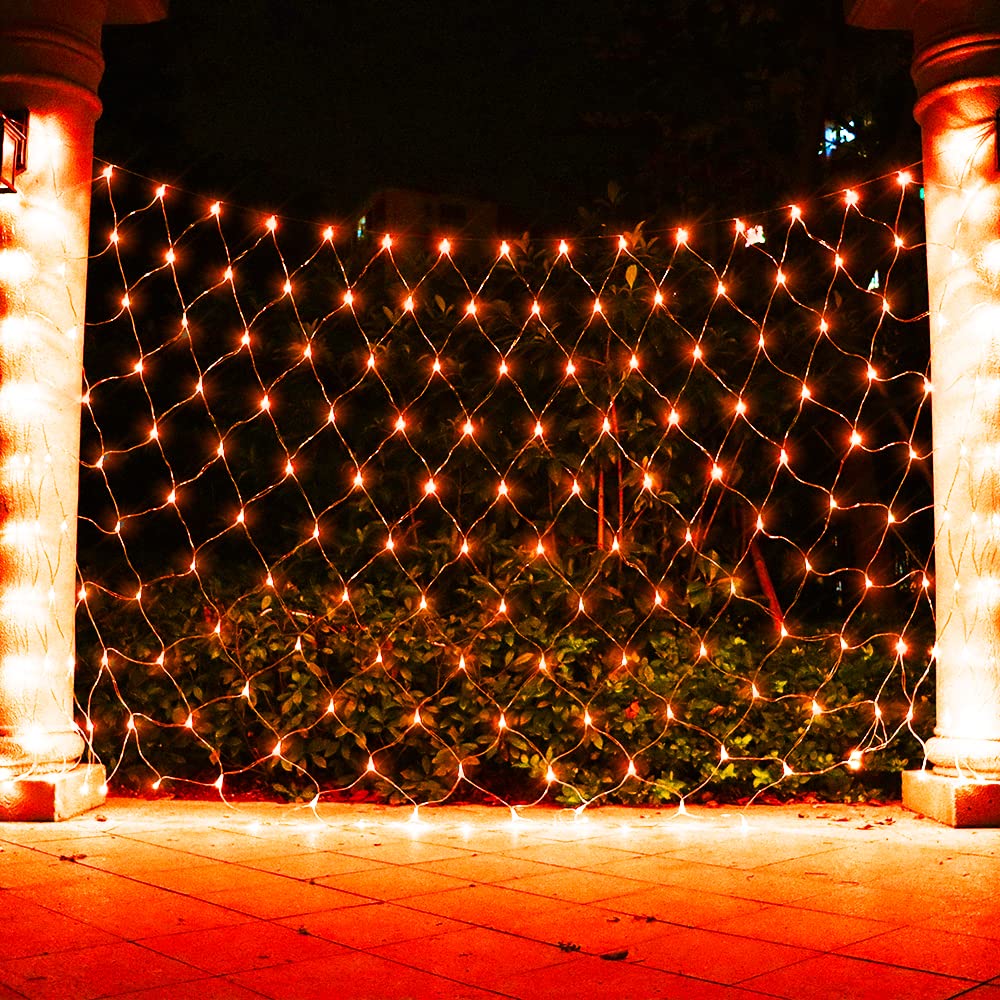 Vicila Net Light Outdoor Mesh Christmas Decorations  100Led String Light Plug In Connectable Tree Warp Hanging 5Ft X 5Ft For Halloween  Shrubs  Lawn  Backyard  Walkway  Bushes  Garden Decor-Orange