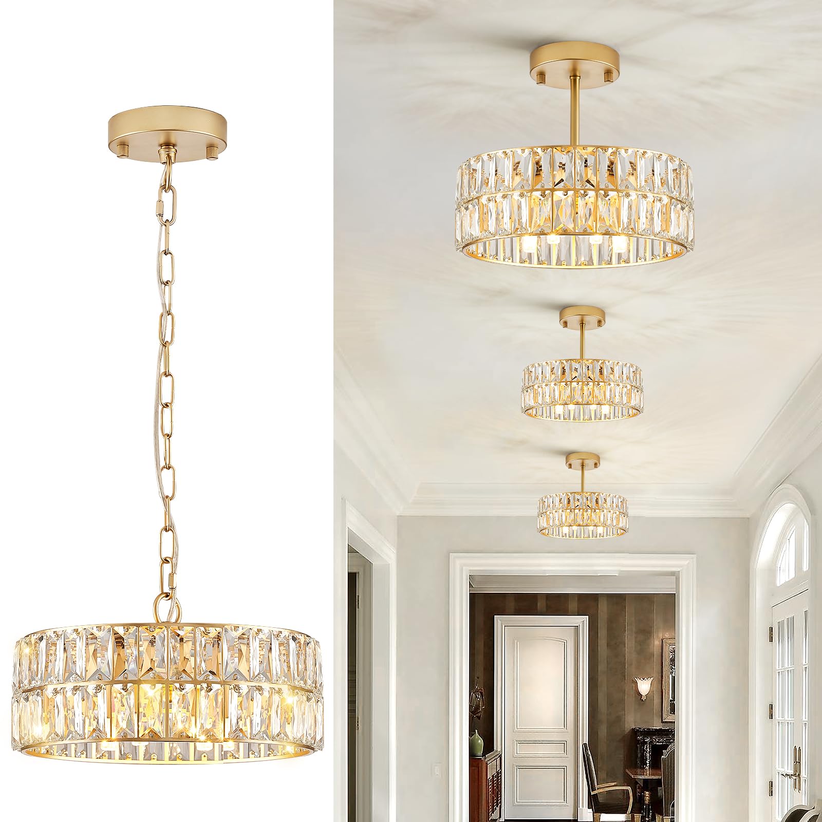 Catiner Gold Crystal Chandeliers, Modern Semi Flush Mount Chandelier 4-Ligh Drum Crystal Ceiling Pendant Light Fixture 12” For Foyer Entryway Kitchen Hallway Dining Room