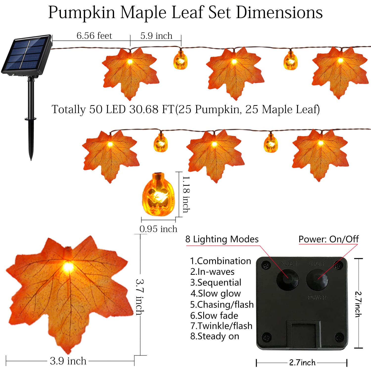 Xingpold Solar Pumpkin Maple Leaf String Lights, 50LED 30ft, Waterproof Fall Decor, Gold for Thanksgiving Halloween Garden