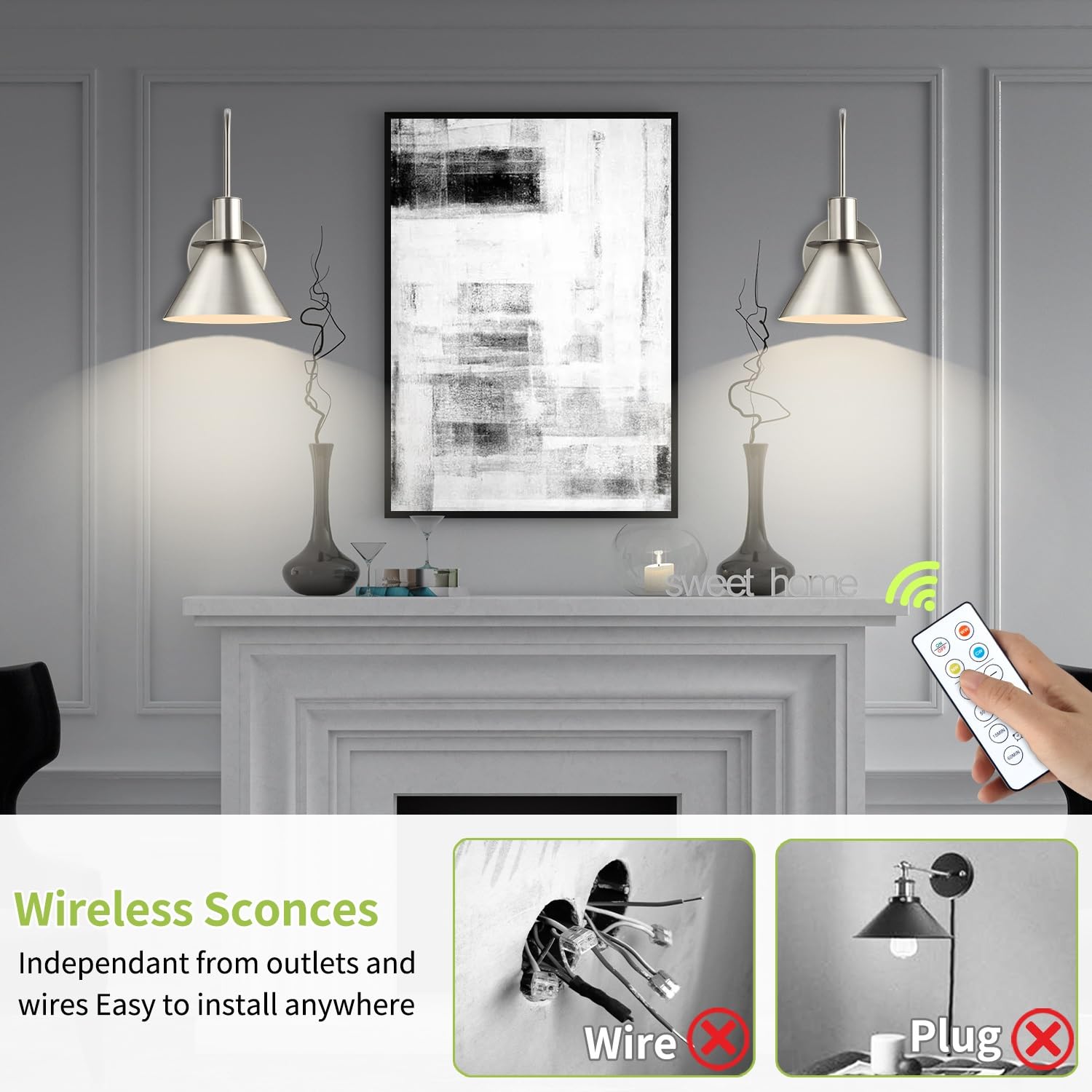 Novantl Brushed Nickel Battery Operated Wall Sconce, Wireless Battery Operated Wall Lights, Wall Sconces Set Of Two Battery Operated, Remote Wall Sconces Battery Operated For Gallery, Bedroom