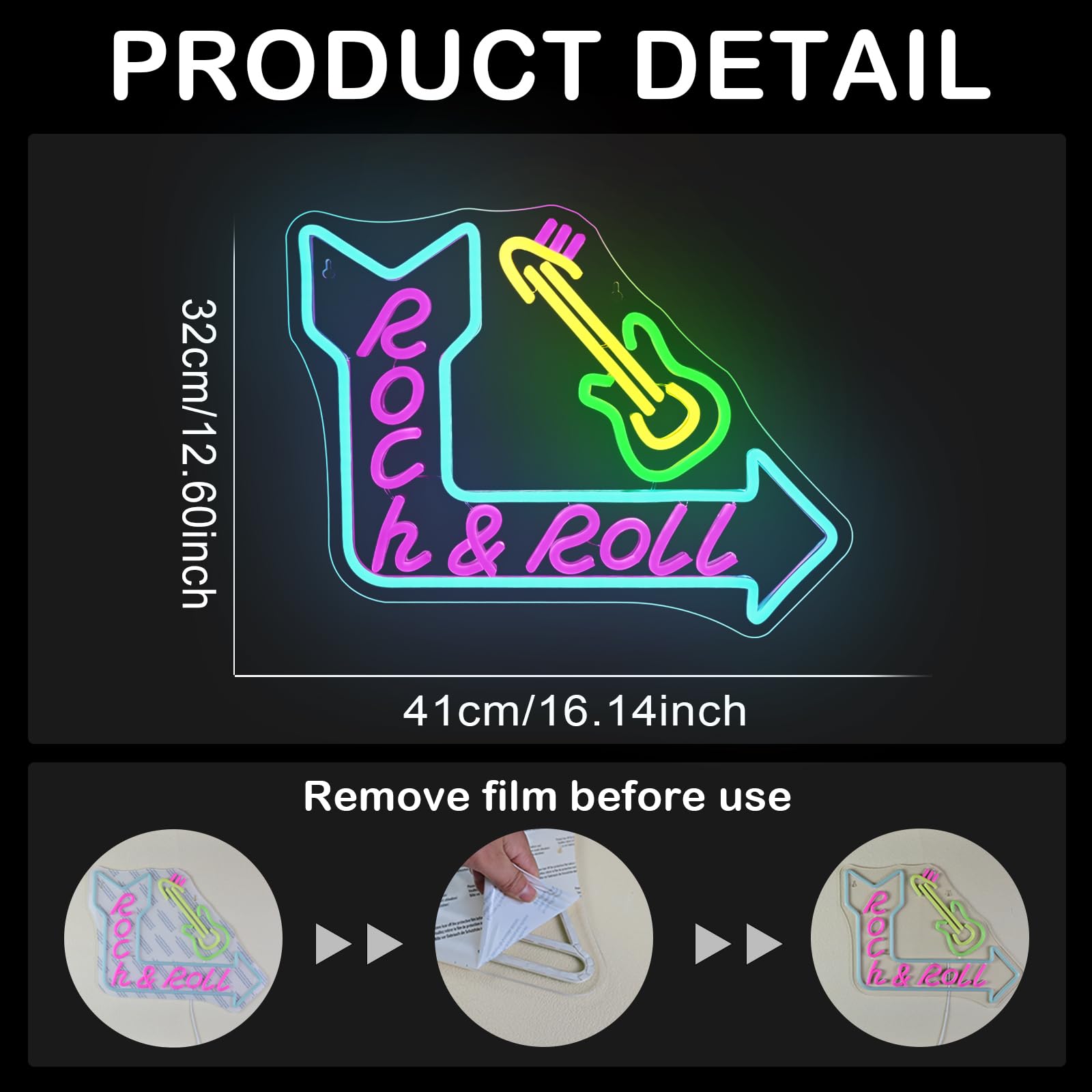 Wanxing Rock Roll Guitar Neon Sign, USB Powered Dimmable LED Wall Decor, 16.14inx12.6in, Colorful Retro Design for Parties and Bars