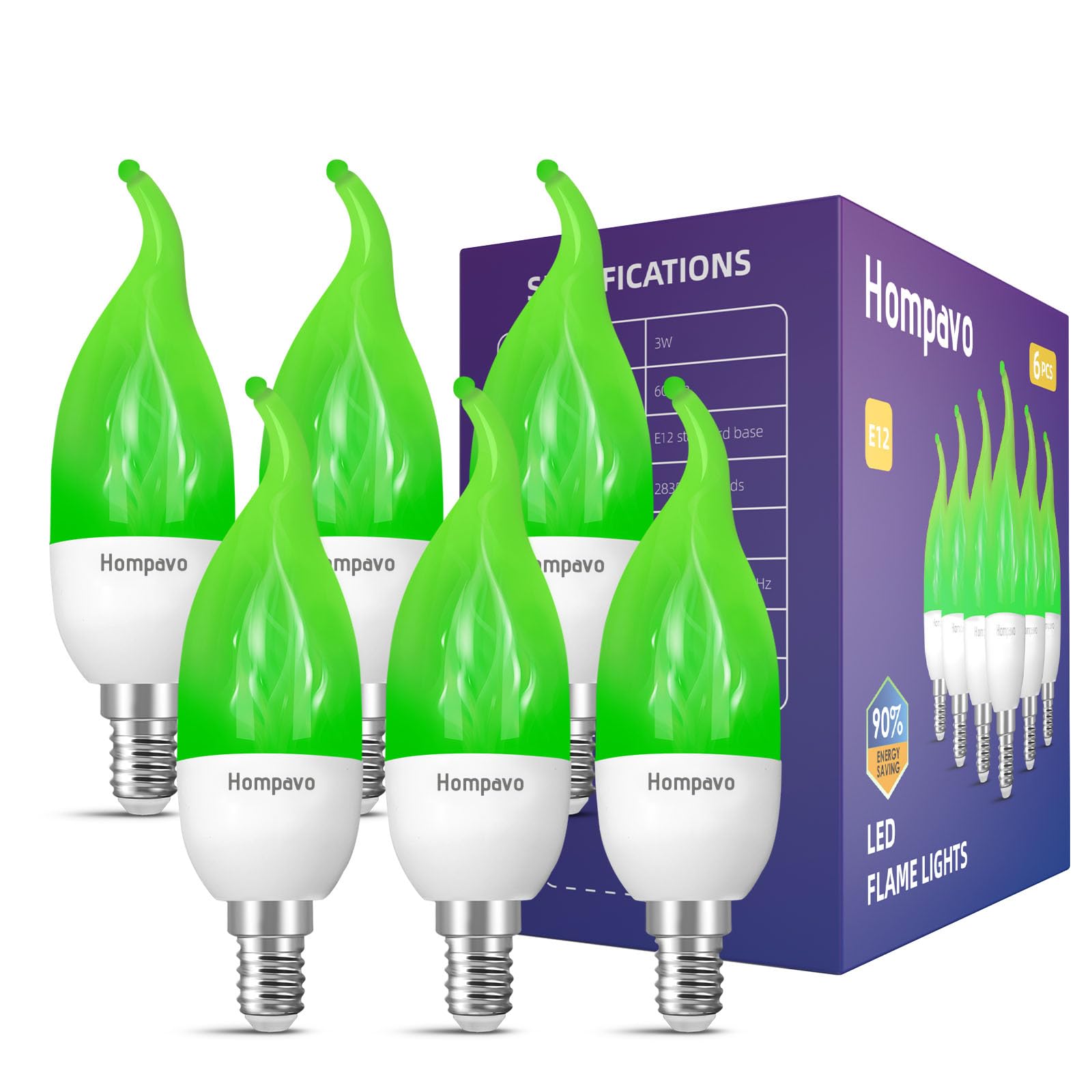 Hompavo ?Upgraded LED Flame Light Bulbs, 3 Modes Flickering Light Bulbs, E12 Chandelier Base Candle Fire Light Bulb for Halloween Christmas Party Porch Indoor & Outdoor Home Decoration, Green 6 Pack