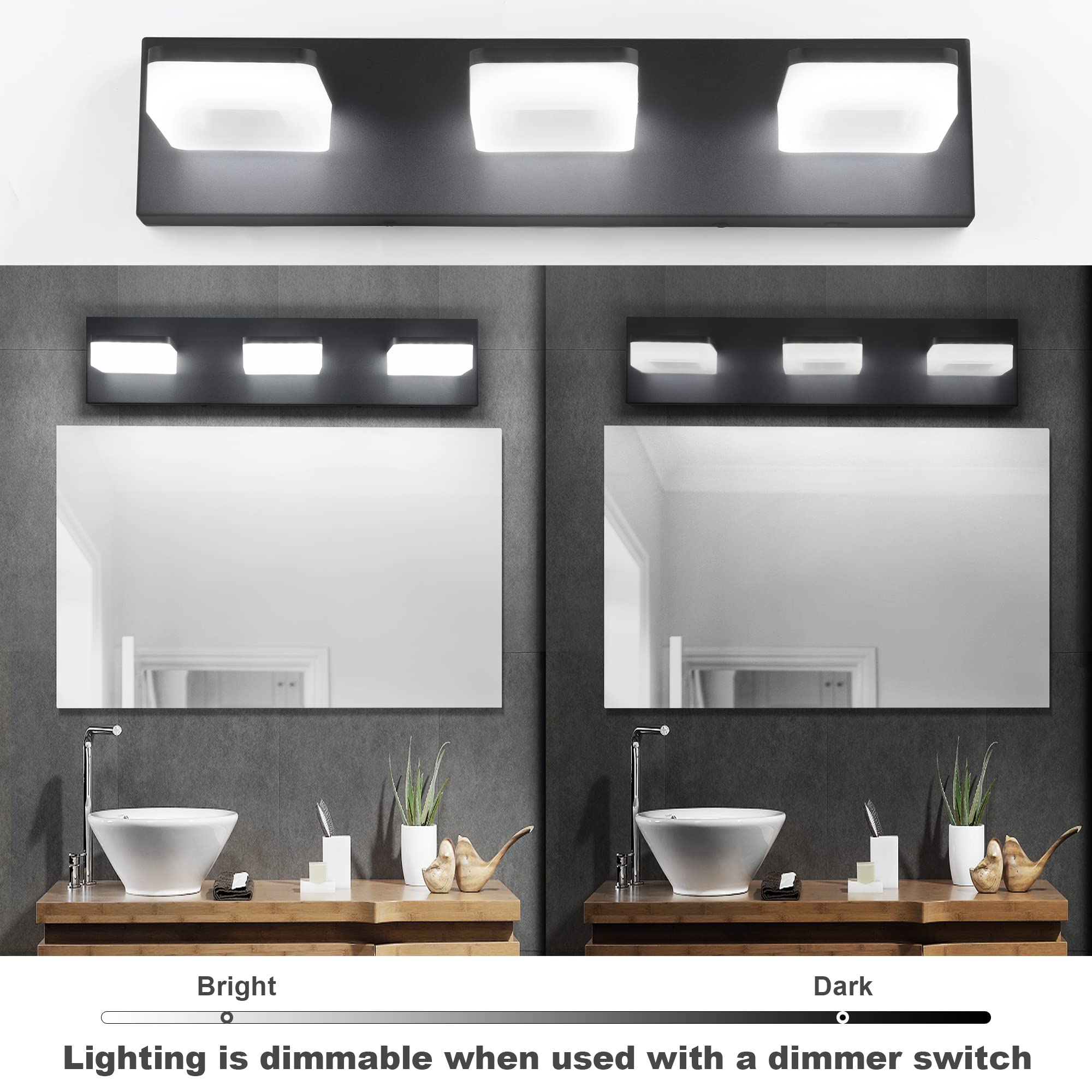 Goodate 3-Light Dimmable Black Bathroom Vanity Light Fixtures, Adjustable 3000K/4000K/6000K
