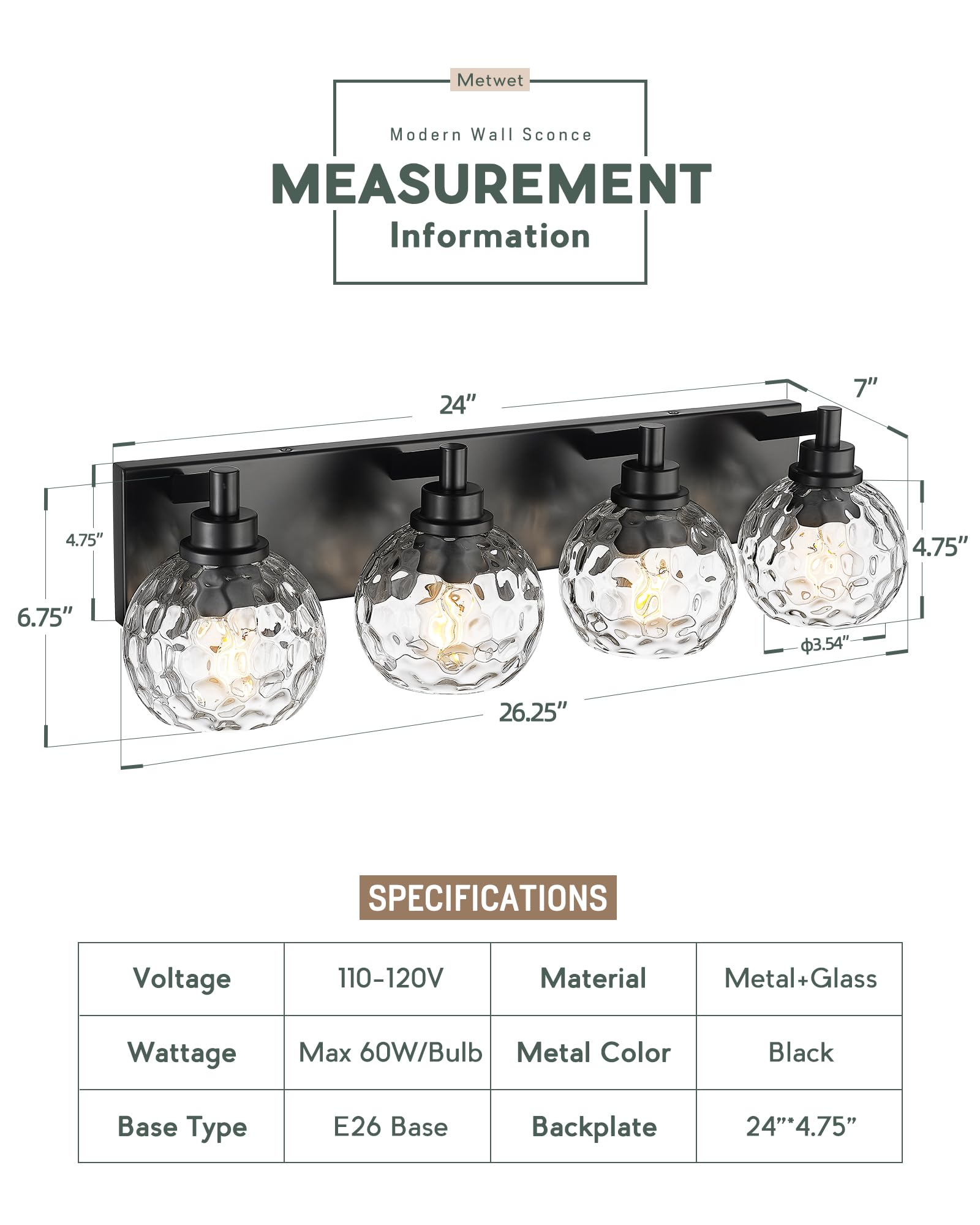 METWET 4-Light Bathroom Vanity Light, Matte Black with Hammered Glass Shade, Model VL200-MB-CL-4, Modern Sconces for Hallway & Bedroom