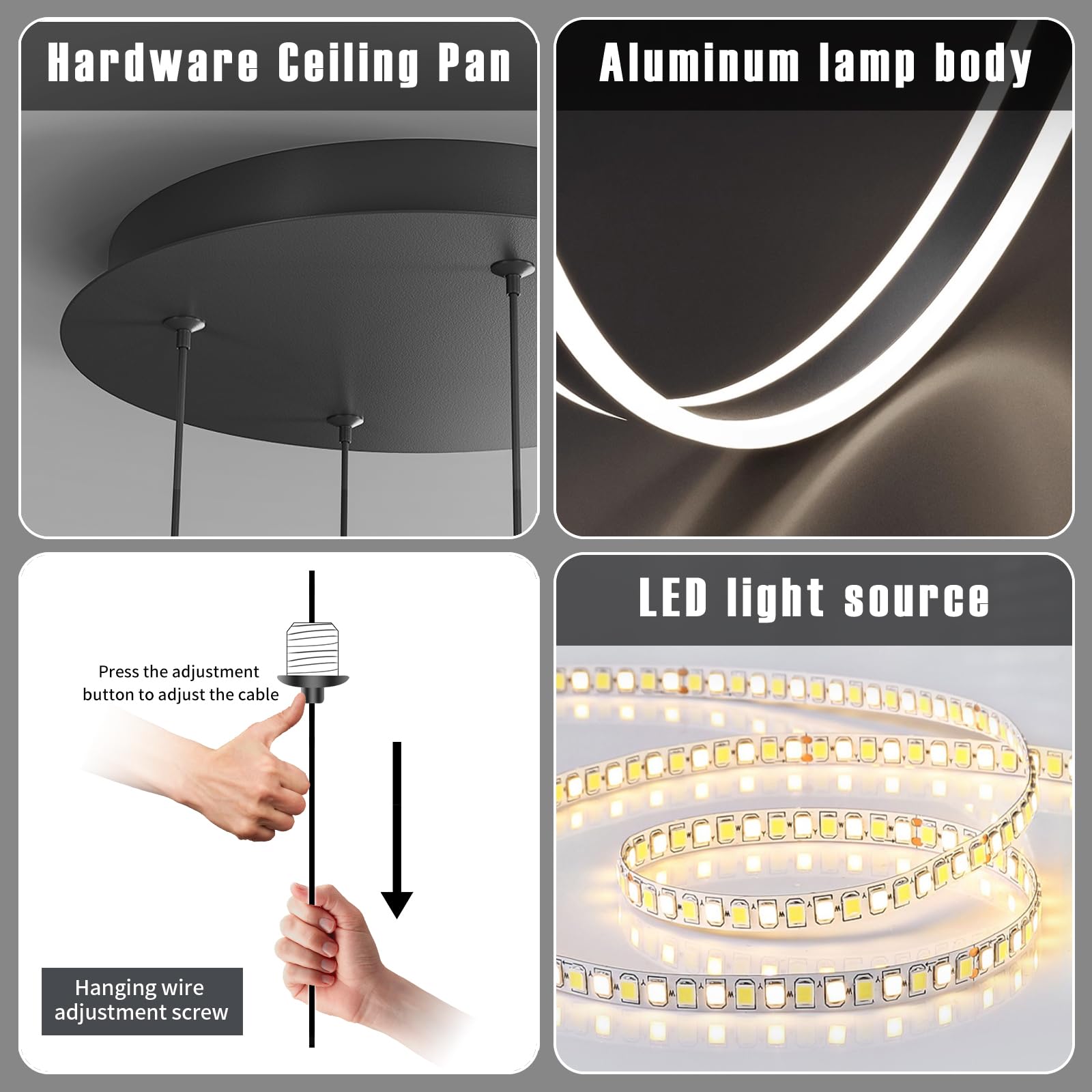 Matven Modern Ceiling Chandelier Light, Dimmable 3 Color Modes, Remote Control, Black, 15.74-39.37in, Model KD-YX
