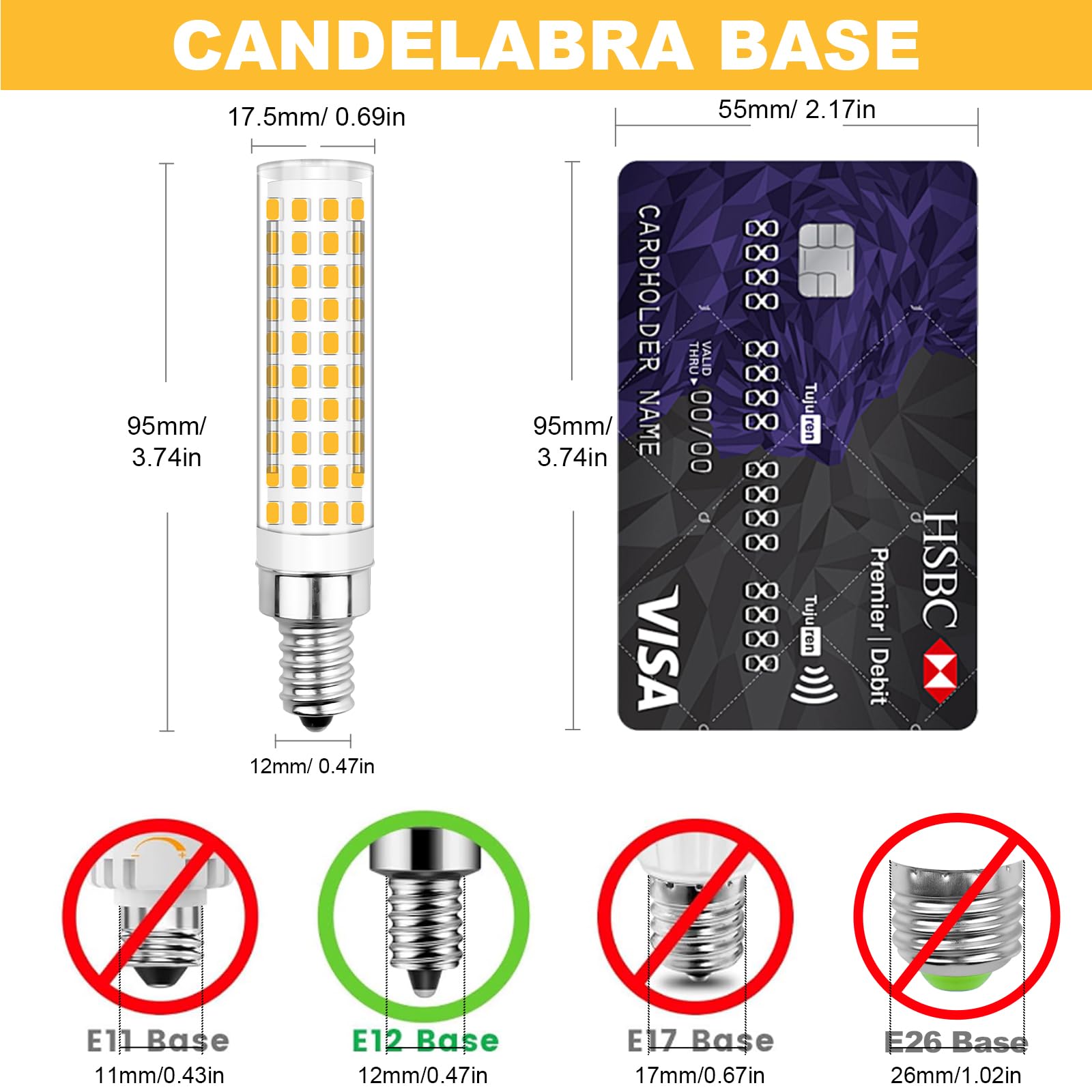 TZHILAN Dimmable E12 LED Bulbs 12W, 3000K Warm White, 1000 Lumen, Candelabra Light, 3-Pack, Model T289