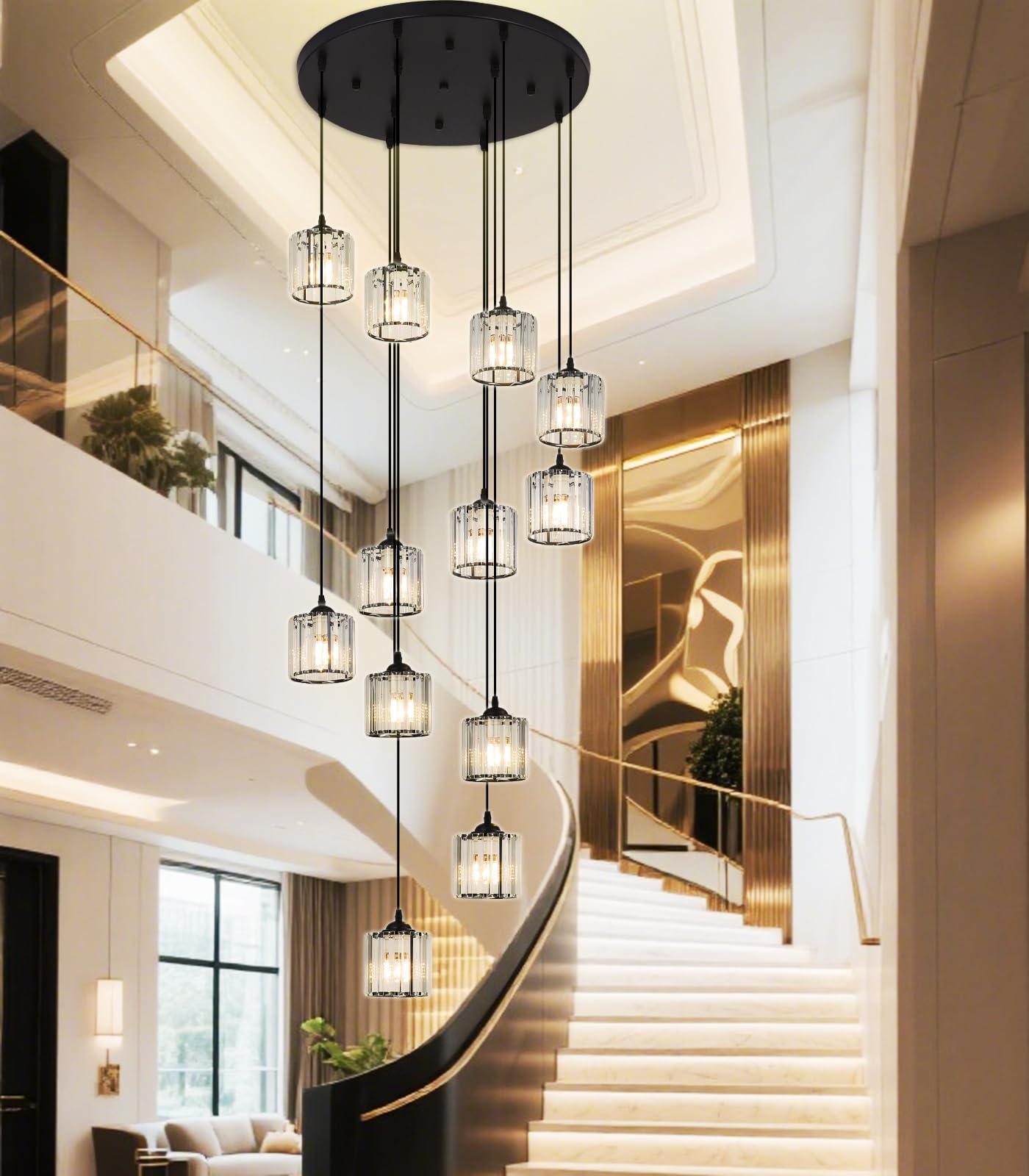 Meimond Modern Crystal Pendant Light - Long Chandeliers, 12 Lights, Black Metal, Clear Crystal Shade for High Ceilings, Foyer, Living Room
