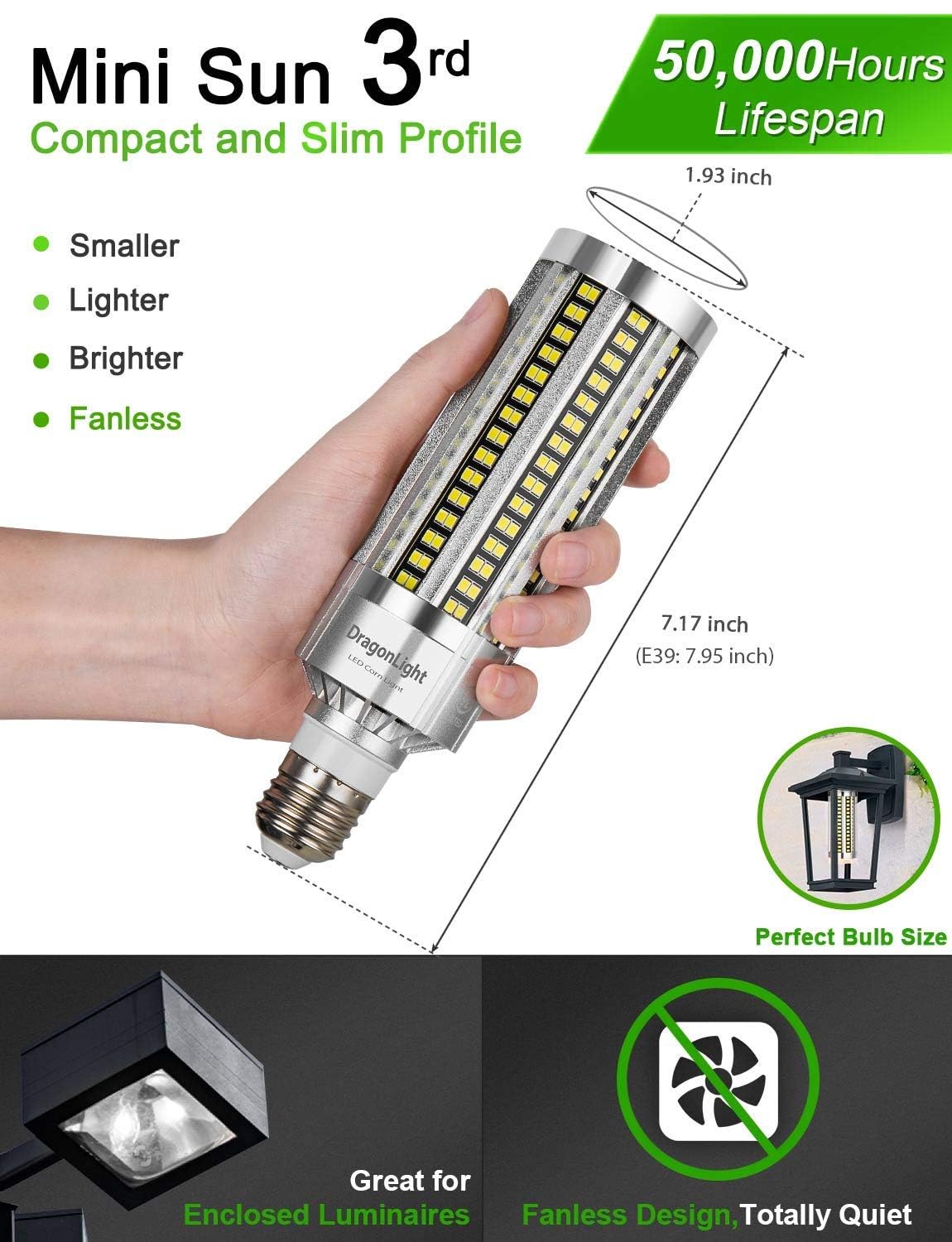 Dragonlight 60W Corn Led Light Bulb Fanless (200 Watt Metal Halide/Hid/Hps Replacement) E26/E39 Large Mogul Base Led Lamp 4000K