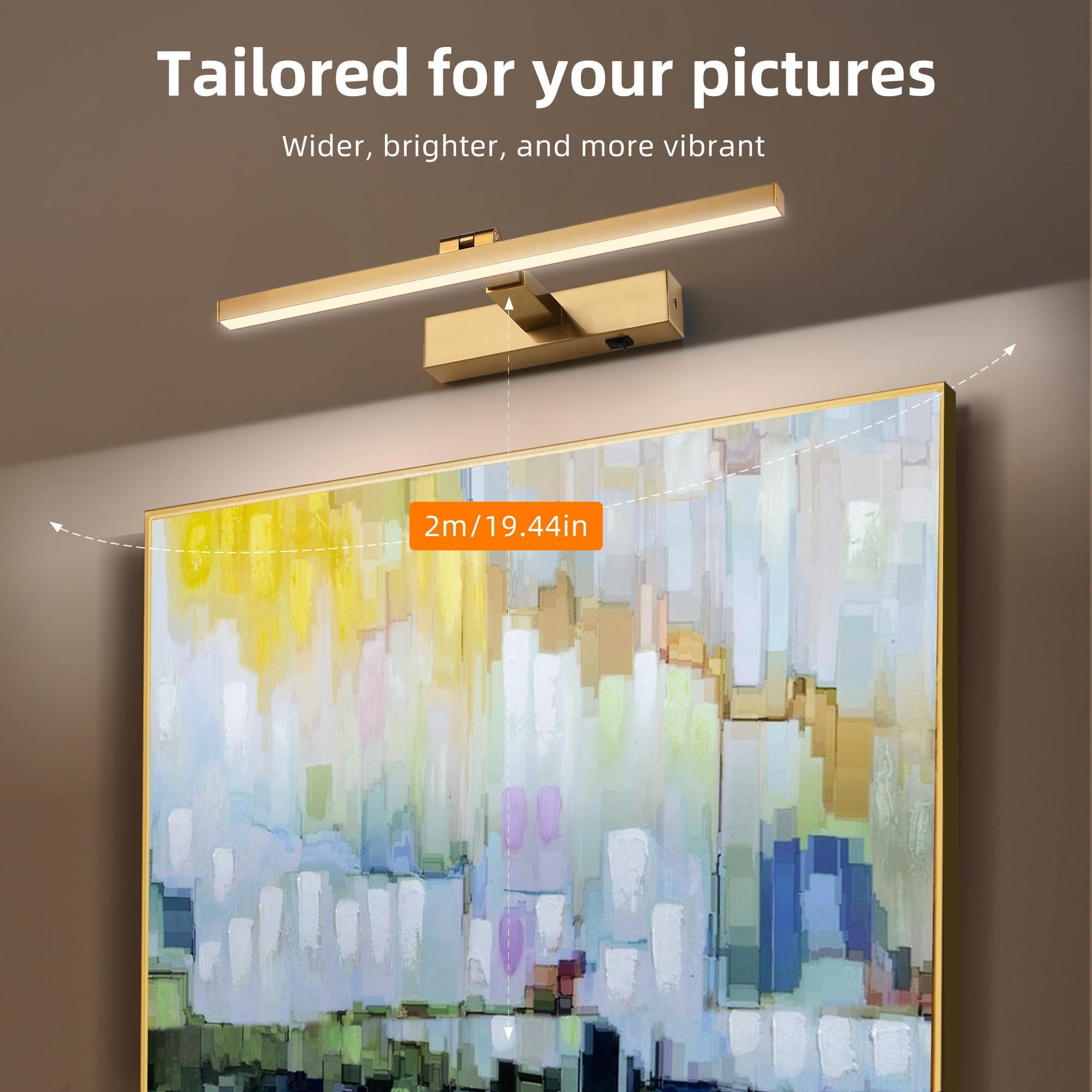 Zitostory Gold Picture Lights For Wall Dimmable Wireless Picture Lights For Paintings Adjustable Wall Sconce With Remote (Brass,