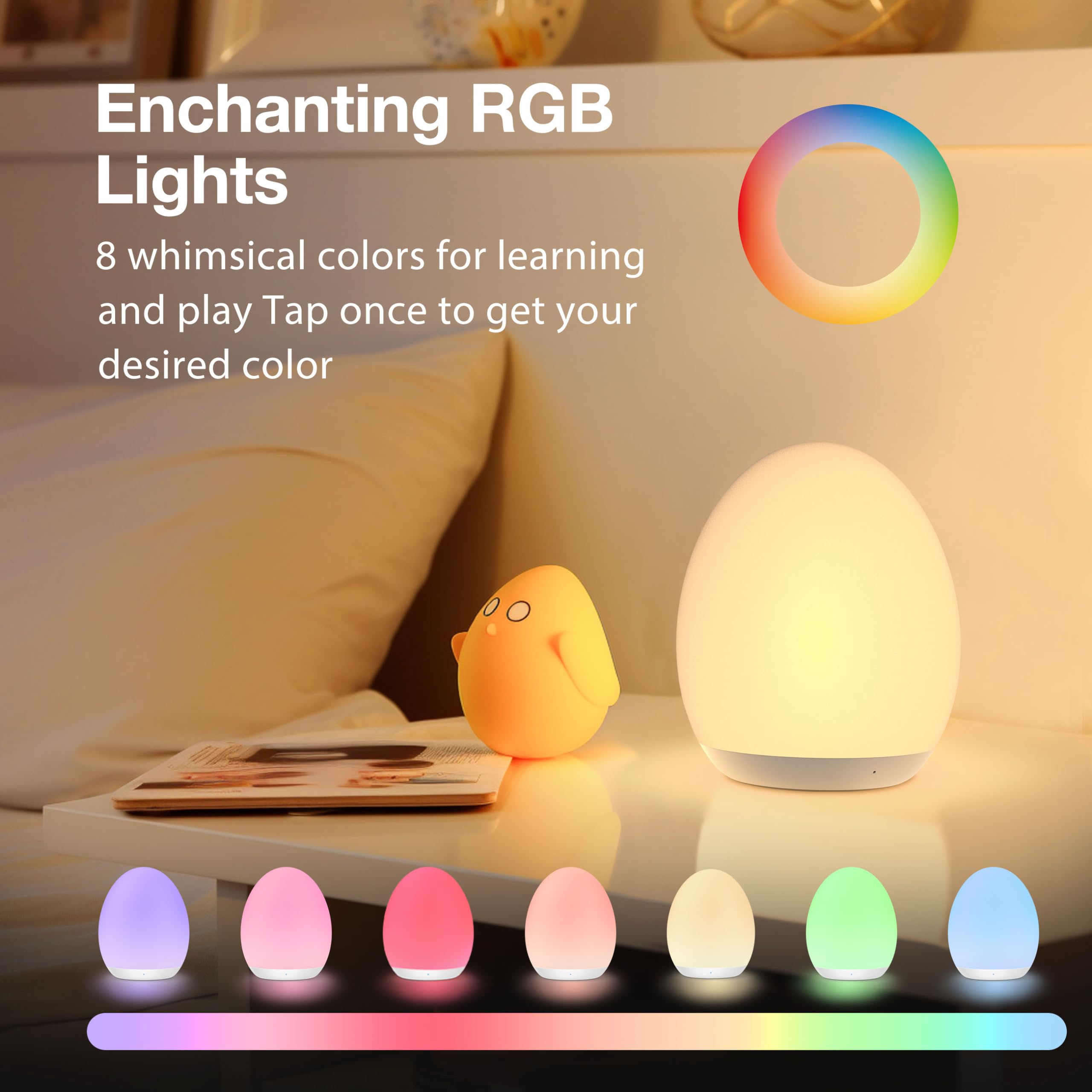 JolyWell Night Light for Kids, Rechargeable Egg Light with 7 RGB Colors, Touch Control, BPA Free, Model JW-CL002, White
