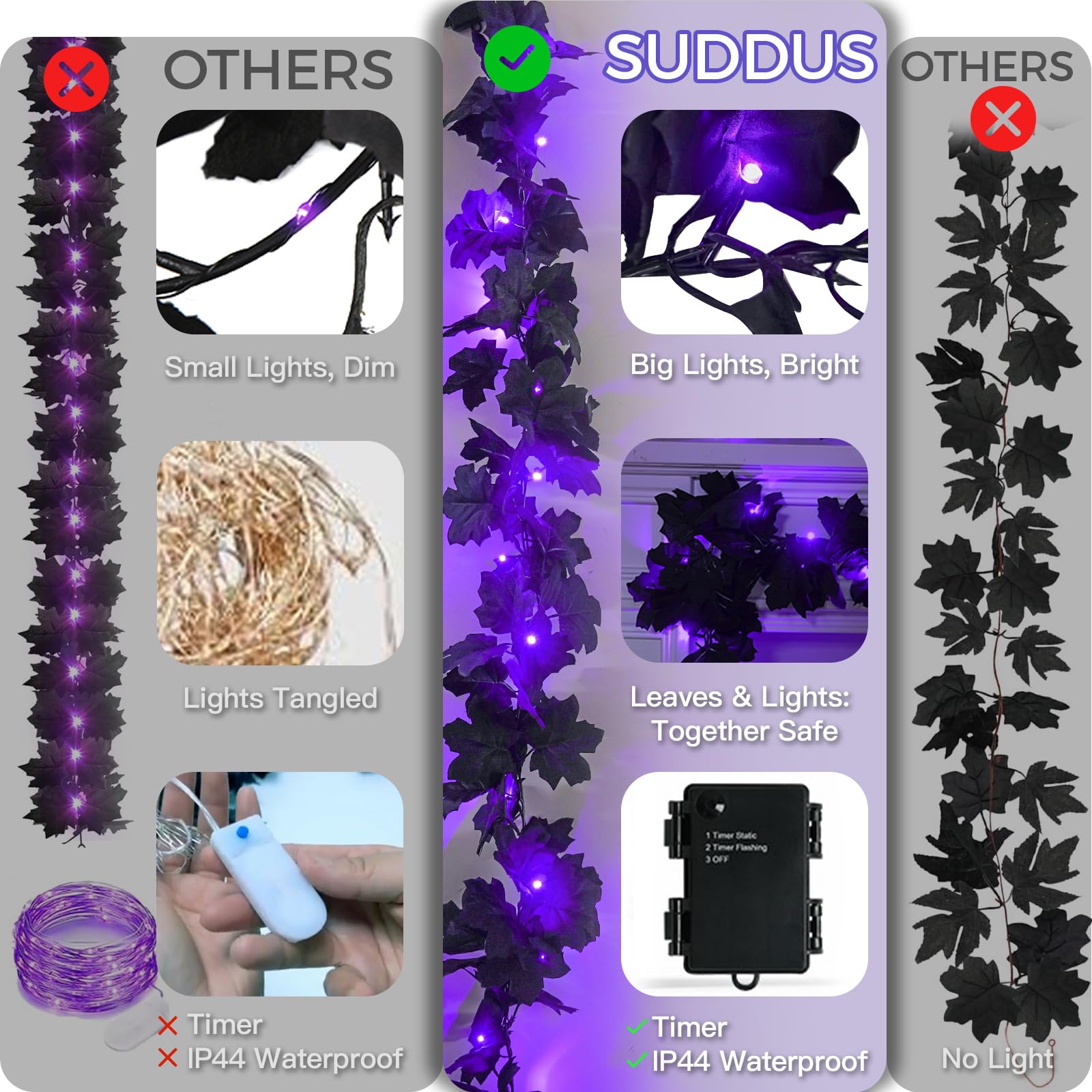 Suddus 20 Led Halloween String Lights Battery Operated With Black Maple Leaves 6.5 Ft Halloween Garland Decor For Yard, Porch, T