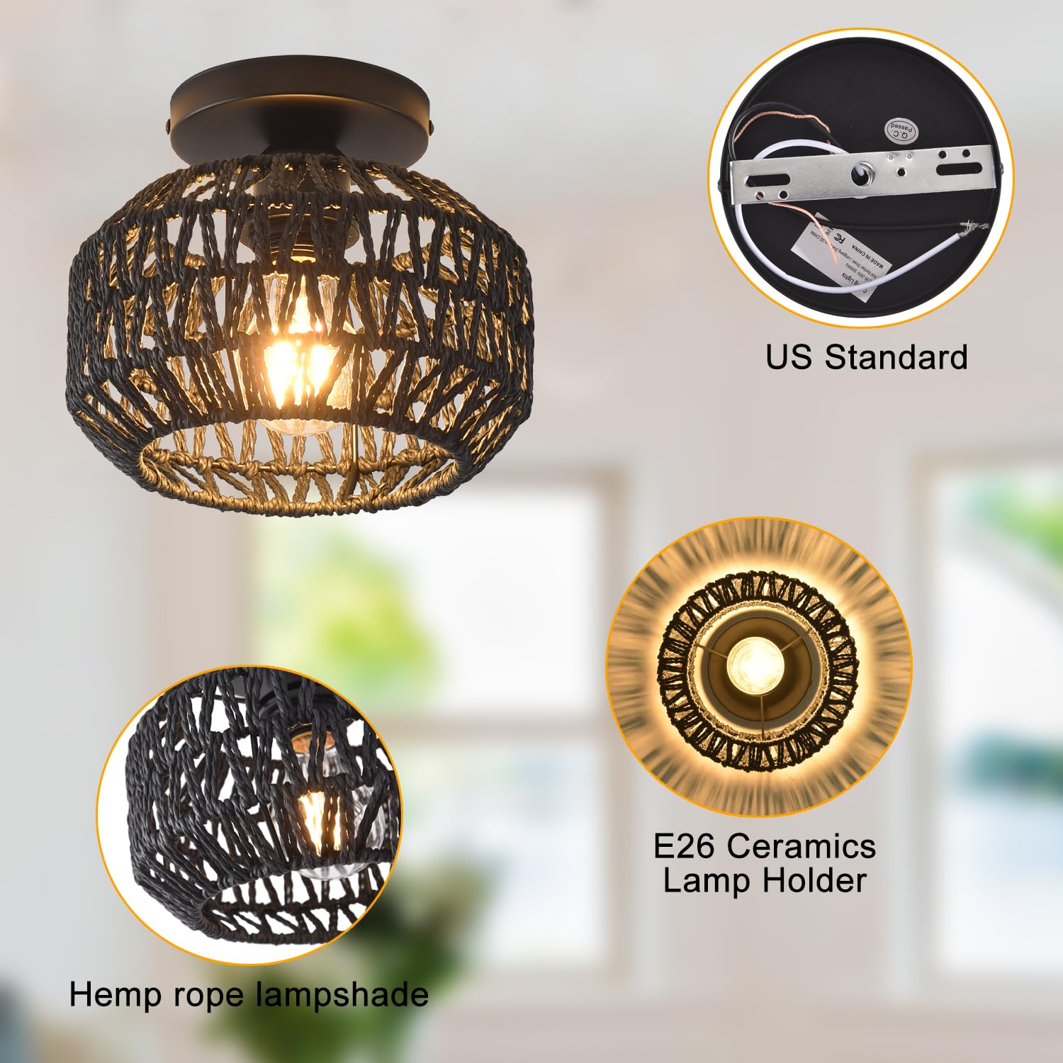 Ihengyanlt 1 Pack Farmhouse Light Fixtures Ceiling Mount,Black Mini Rattan Boho Semi Flush Mount Ceiling Light,Hand Woven Hallwa
