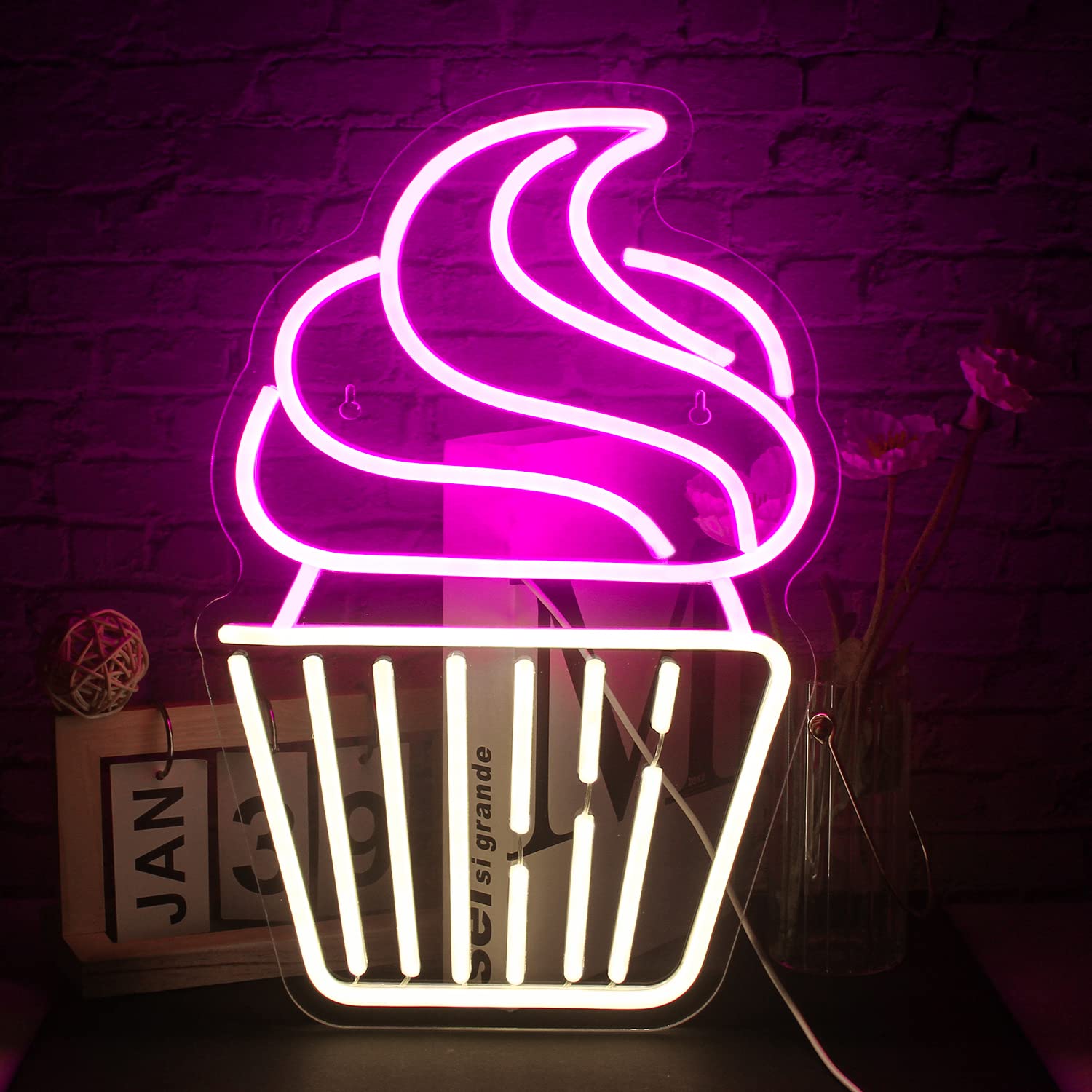 FAXFSIGN Neon Cupcake Sign - LED Wall Decor for Bakery, Cafe, Party - Pink & Warm White, Acrylic, Model AXFSIGN