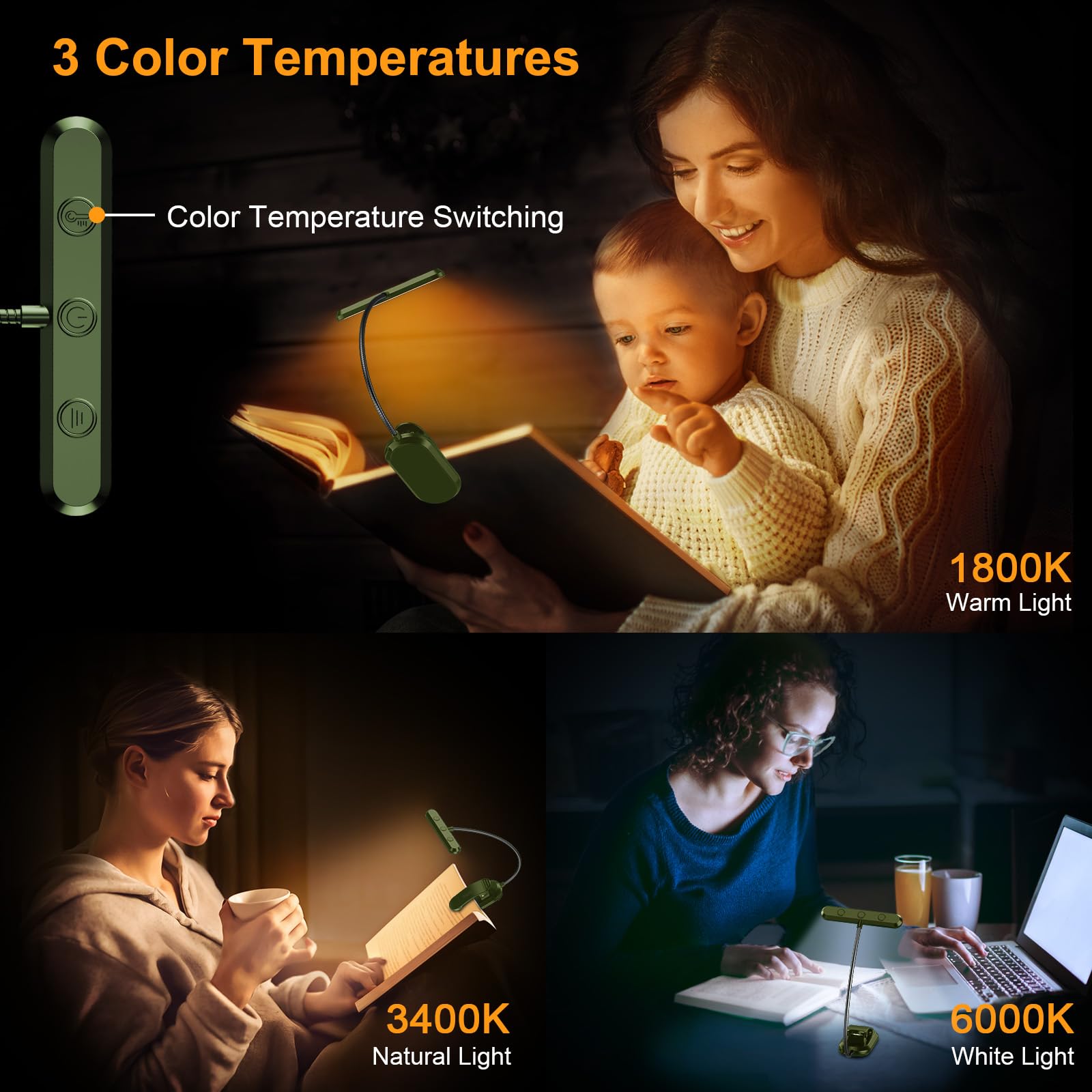 Gritin Rechargeable Book Light - 19 LED, 3 Color Temperatures, 5 Brightness Levels, Deep Green, Flexible Goose Neck, Model G1321