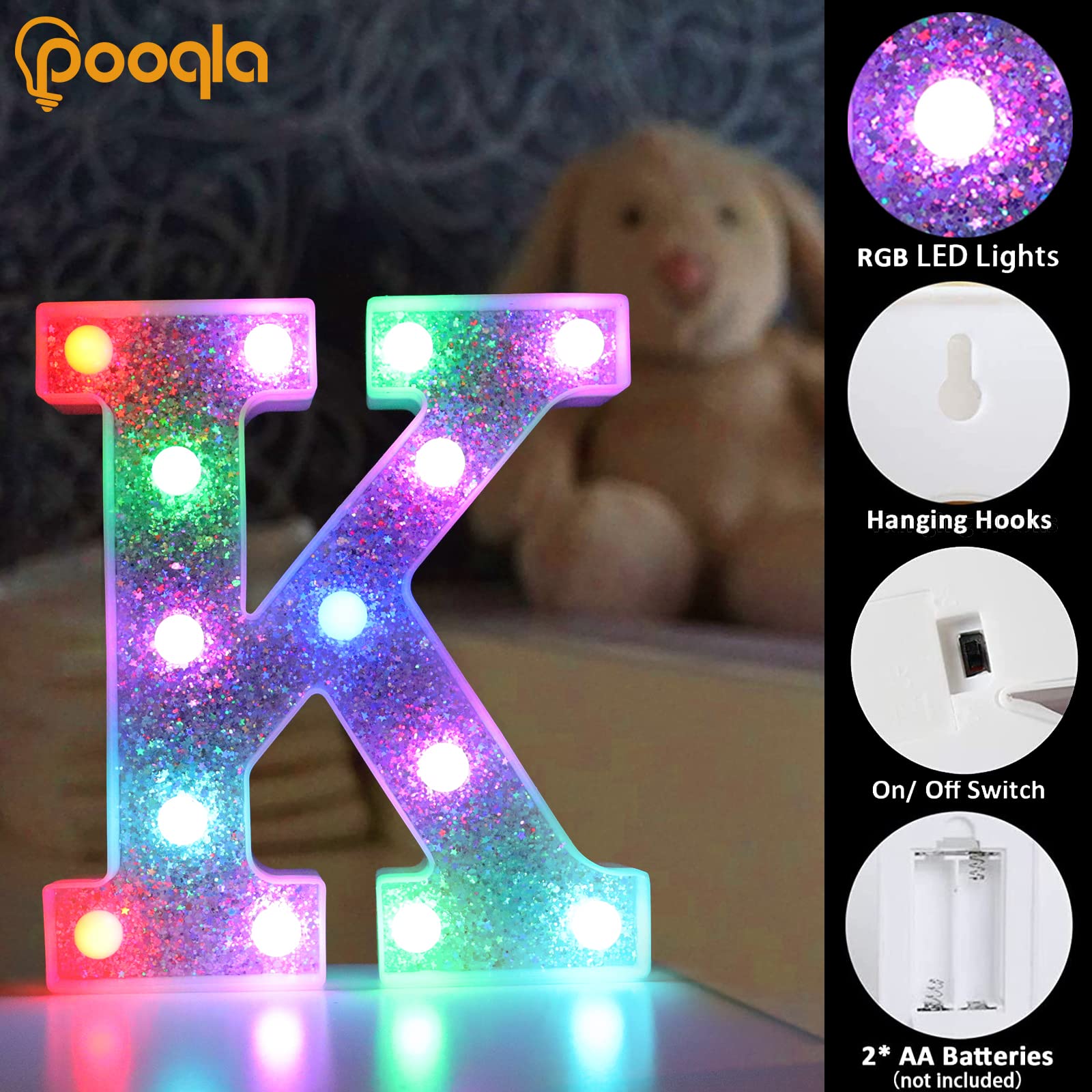 Pooqla LED Marquee Letter Light, Colorful 16 Colors, Battery Operated, Model S-RGB Silver, Perfect for Parties & Decorations, Letter W
