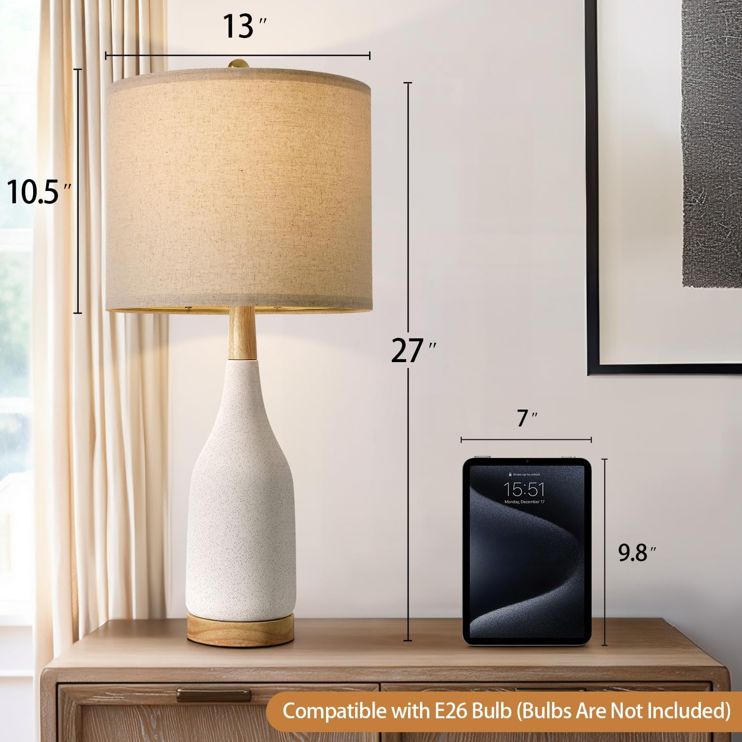 Portres 27 Ceramic Table Lamps For Bedroom Living Room Vintage Lamp Set Of 2 Bedside Nightstand Lamp Large Farmhouse Rustic Boho Retro Modern Table Lamp Light Home Office Desk Deco Gifts  White