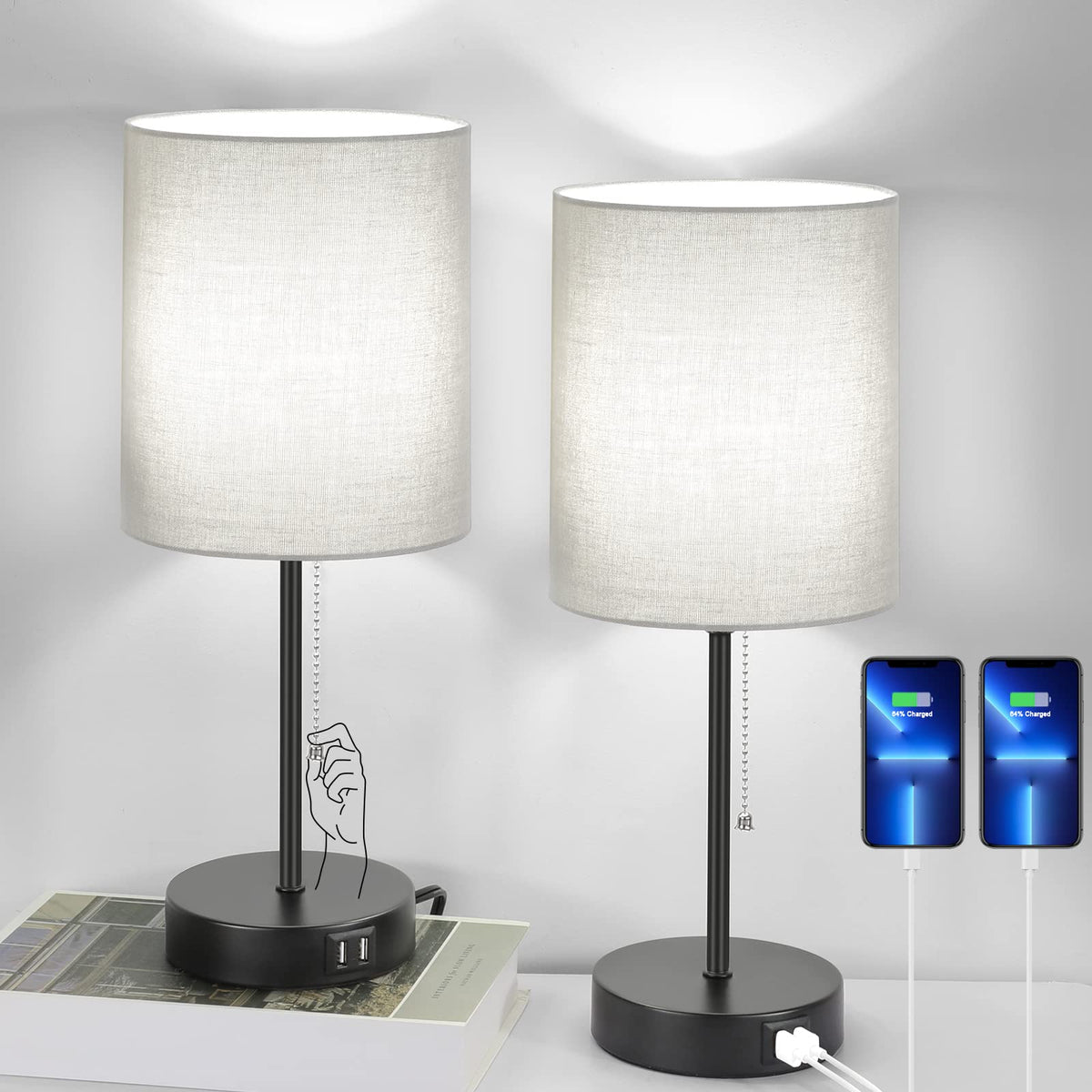 Table Lamps With Usb Charging Ports, Grey For Bedside Ac Outlet, Nightstand Pull Chain Switch, Minimalist Modern Desk Fabric Sha