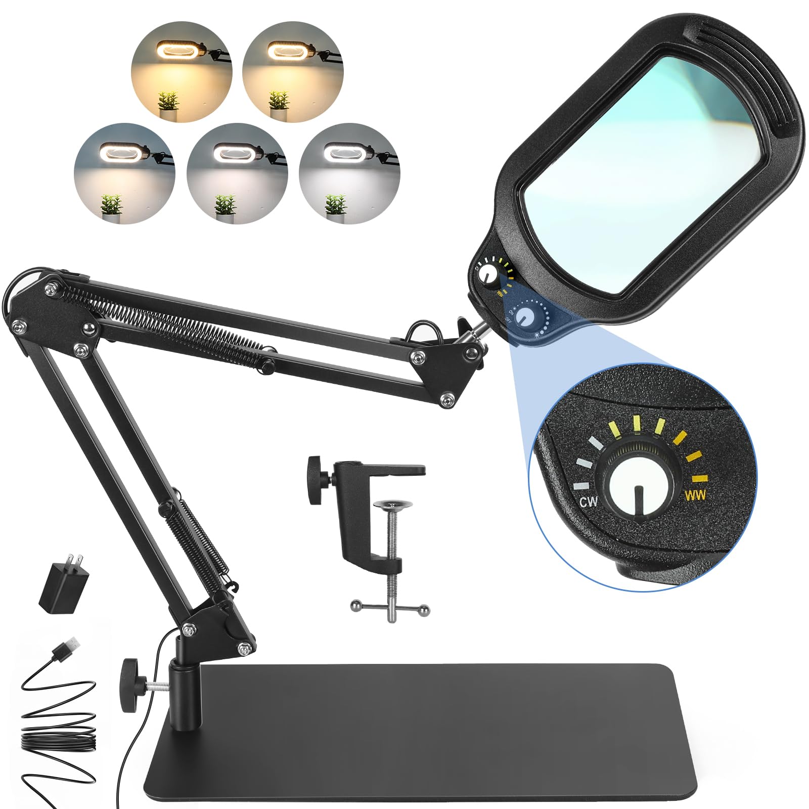 Jeedefi 10X Rectangle Magnifying Glass with Light, Black, Model JE-U01, Real Glass, Stepless Dimmable, Hands-Free Stand