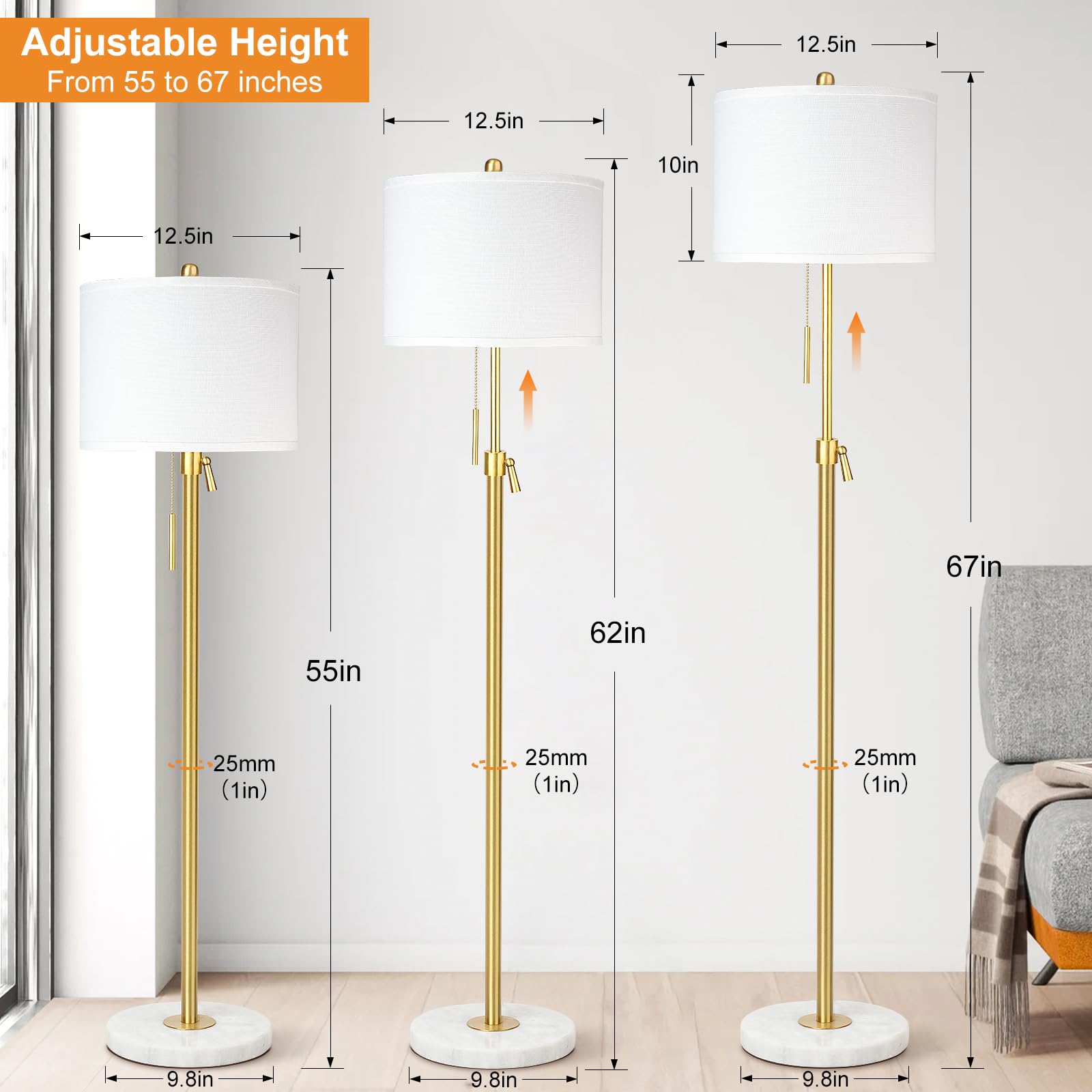 Qingmiao Modern Adjustable Height Floor Lamp, Gold Brass with Marble Base, 3-Way Dimmable, White Linen Shade - Ideal for Living Room & Bedroom