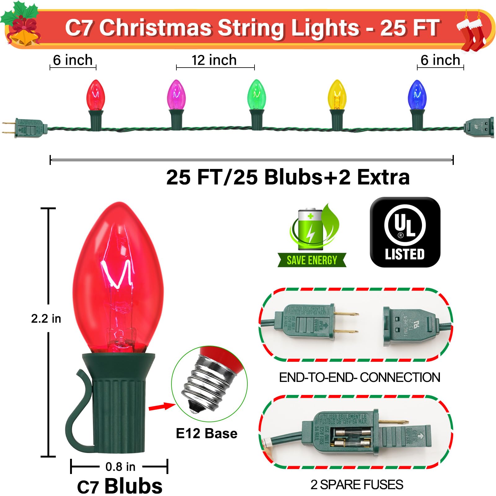 C7 Christmas String Lights-25Ft Vintage Christmas Lights With 27 Multicolor C7 Light Bulbs (2 Spare),C7 Christmas Lights Outdoor
