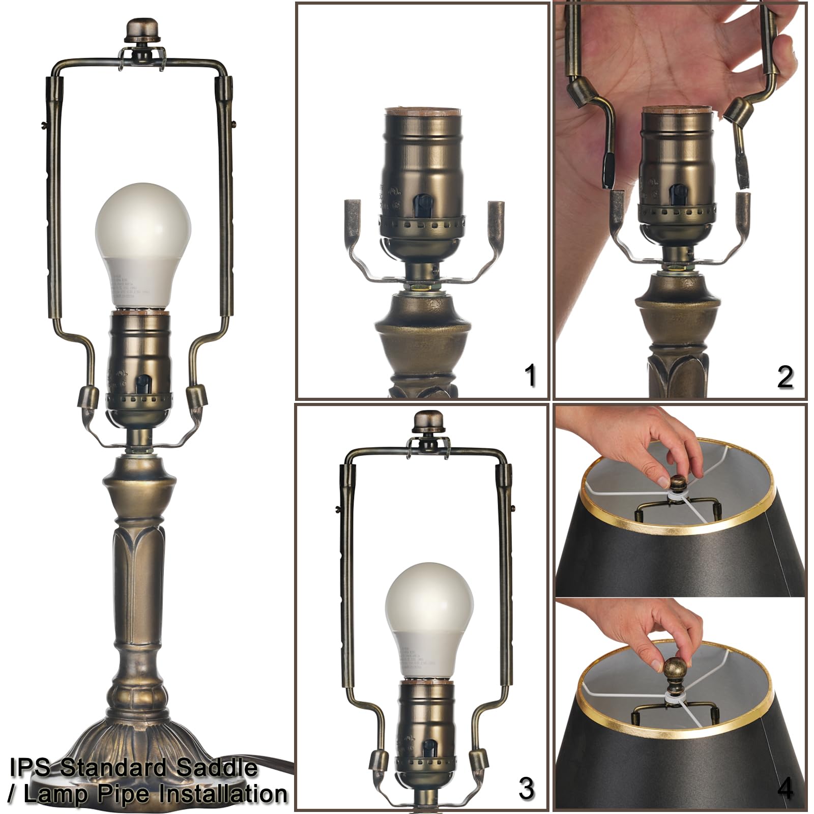 EMNOOTI Lamp Shade Harp Holder Kit, Fits Standard Rod & E26 Base, Antique Brass, Bronze Color, Model VG105, 1 Set