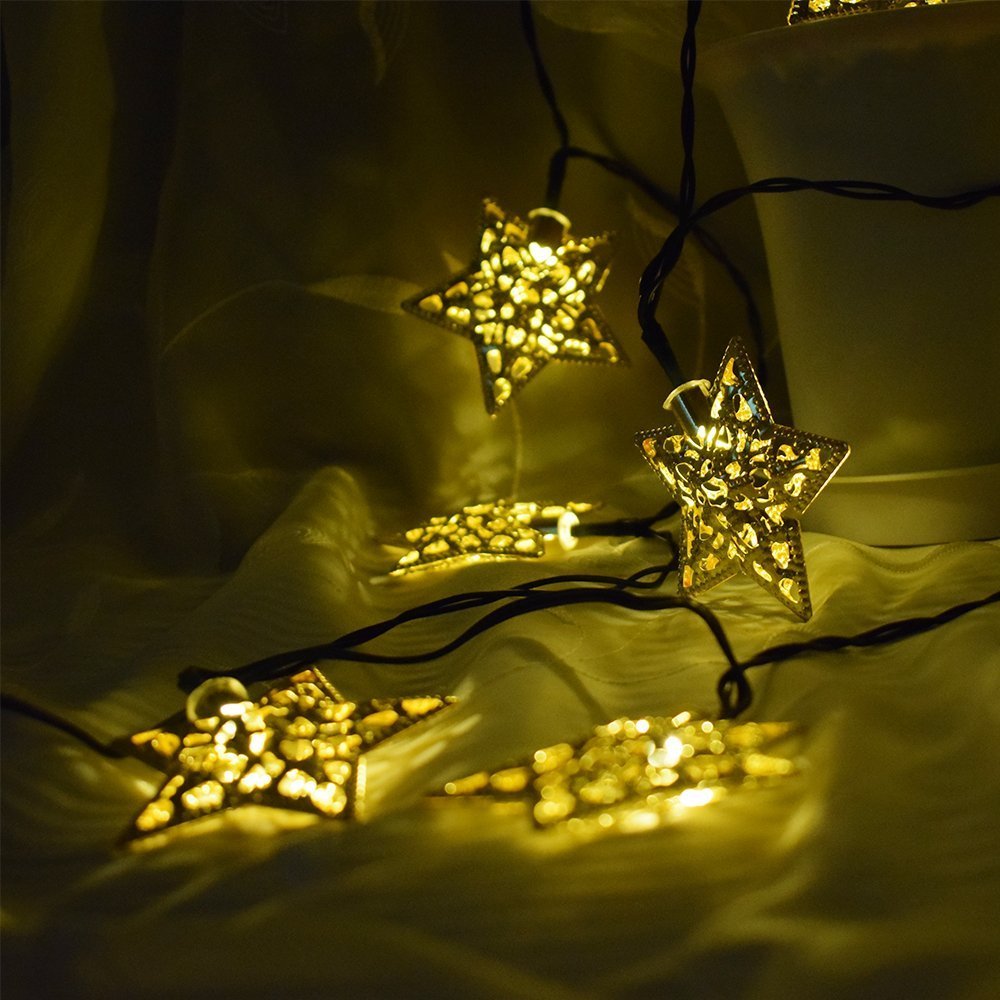 Hann Solar LED Star String Lights, 12ft, 20 Warm White LEDs, Gold, Model HA-001, for Garden, Home, Halloween, Christmas, Wedding Decor