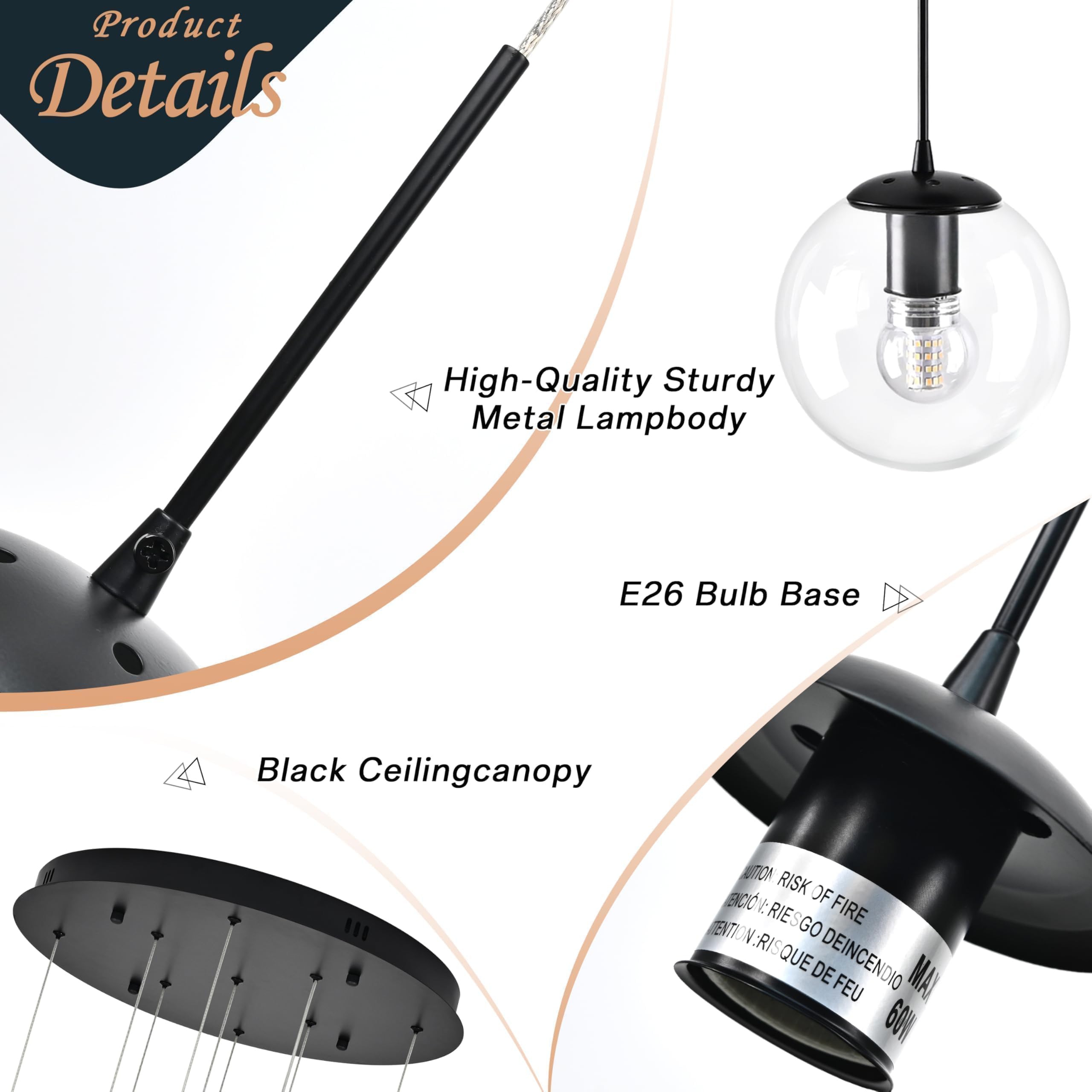 Koko&Yukina 9-Light Globe Glass Pendant Light Adjustable Length Pendant Lights Fixtures Modern Black Clear Globe Glass Chandelie