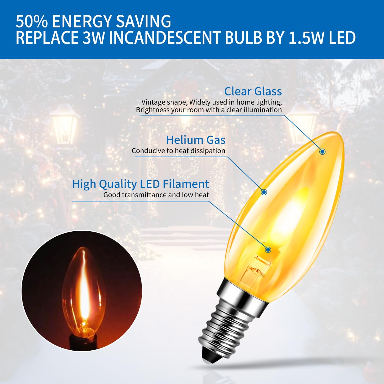 ANWIO Flicker Flame Light Bulb 1.5W, Non-Dimmable, E12, 2 Pack, 1800K Warm Light, Crystal Clear Candle Bulb, Model