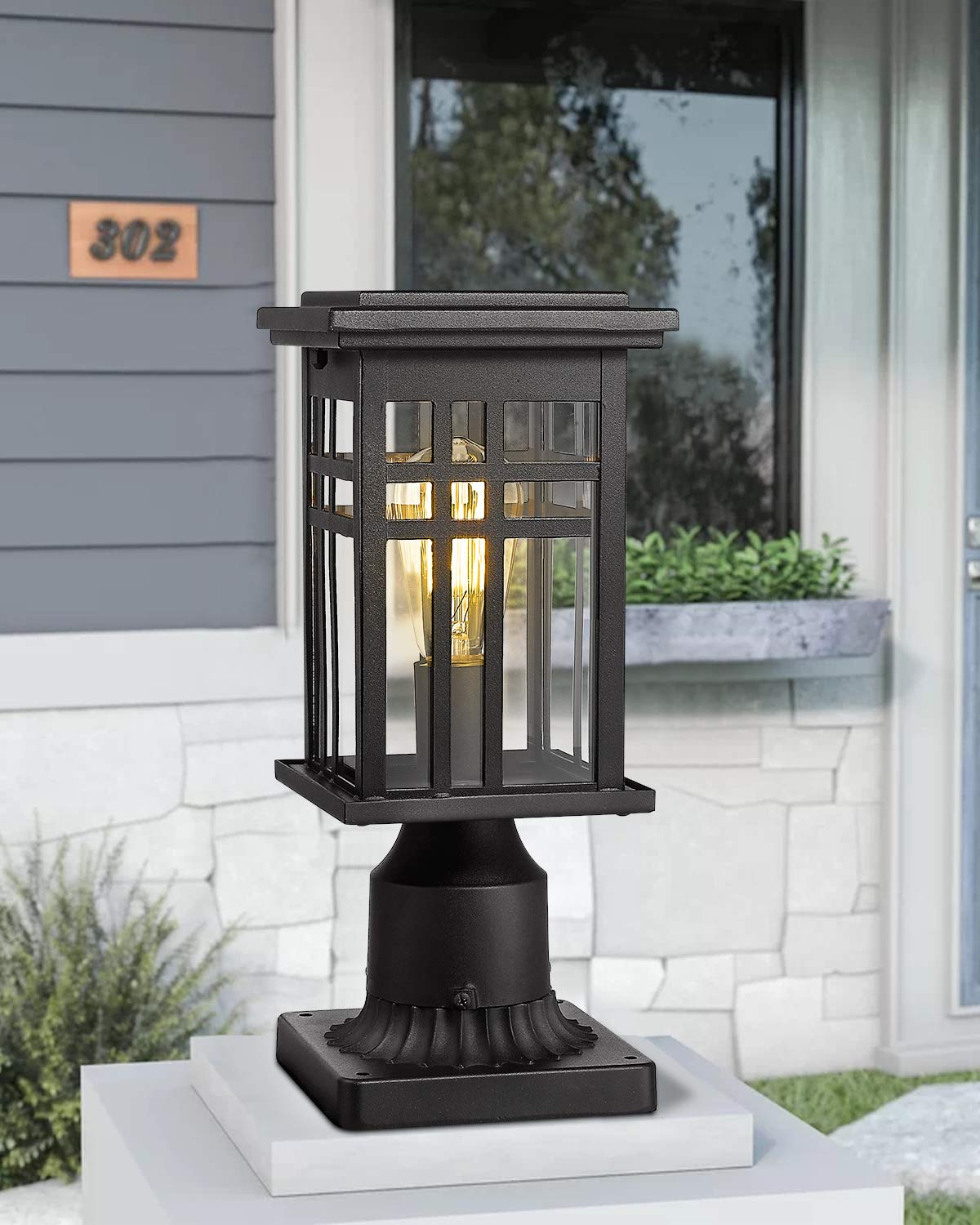 zeyu Outdoor Pole Lantern Light Fixture, Clear Glass Shade, Black Finish, Model 20068-P BK, Medium Size