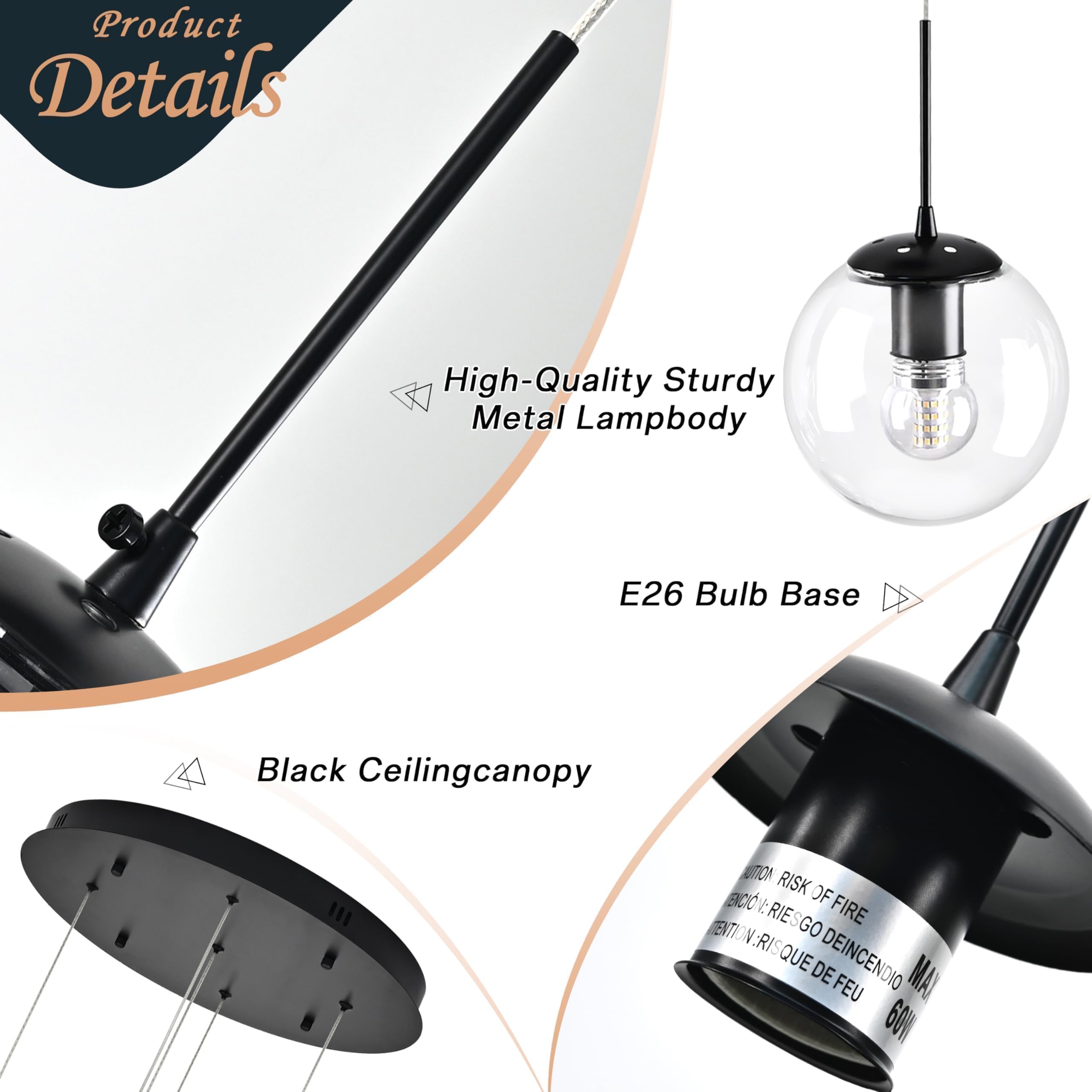 Koko&Yukina 5-Light Globe Glass Pendant Light Adjustable Length Pendant Lights Modern Black Clear Globe Glass Chandelier High Ce