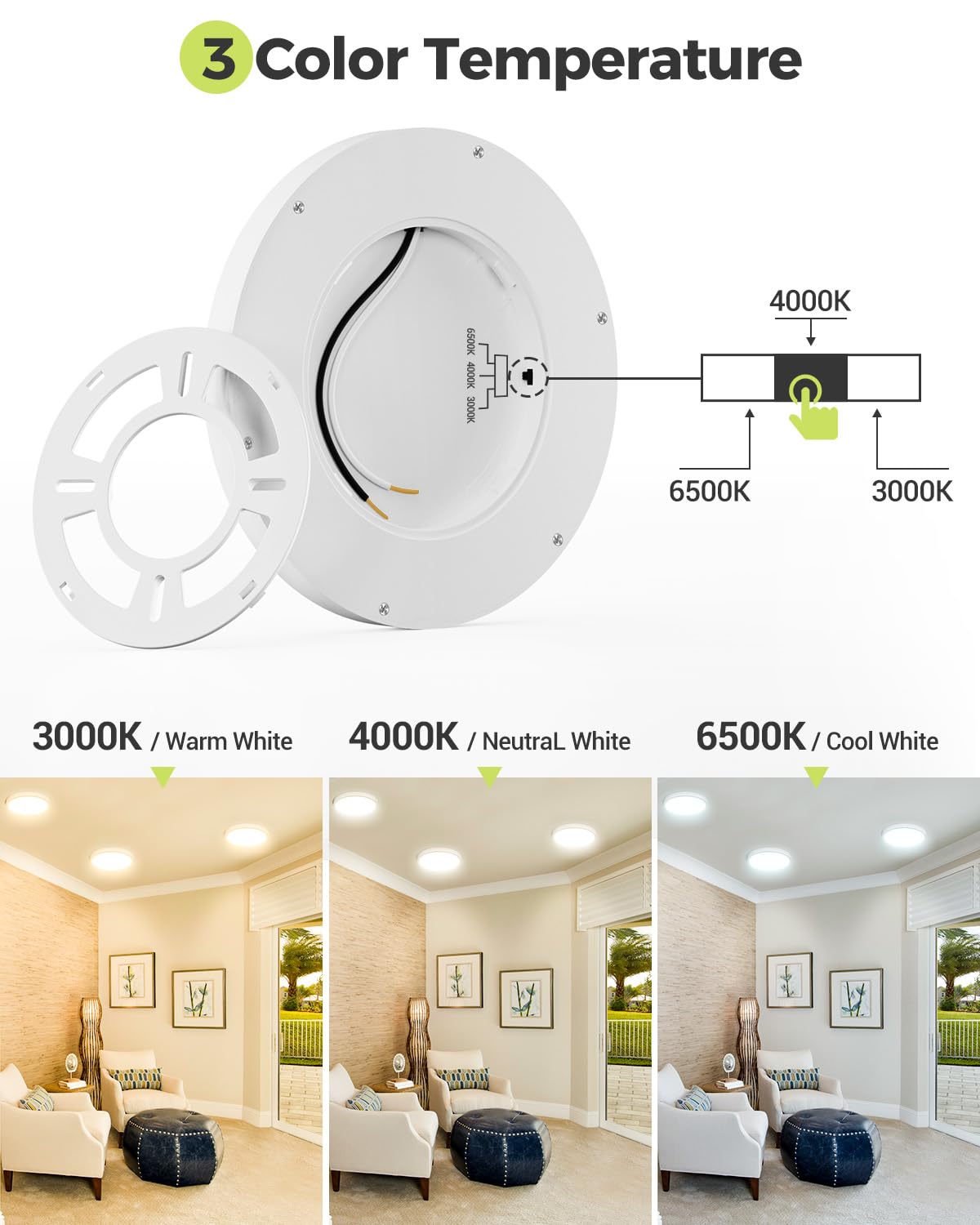6Pack Led Flush Mount Ceiling Light, 3000K-4000K-6500K & 100W Equivalent Modern Kitchen Recessed Ceiling Lamp 15W 1500Lm 7.5 Inc