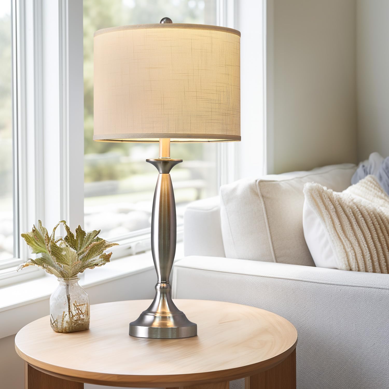 Oneach Table Lamps Set of 2, 27in Modern Fabric Drum Shade, USB Charging Port, Brushed Steel, Model AMZ-T523