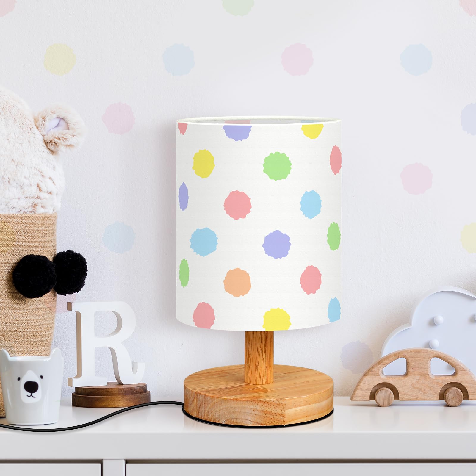 Vihose Polka Dot Table Lamp For Bedroom Kids Bedside Lamp With Linen Wooden Nightstand Lamp Cartoon Nursery Lamp Lampshade For G