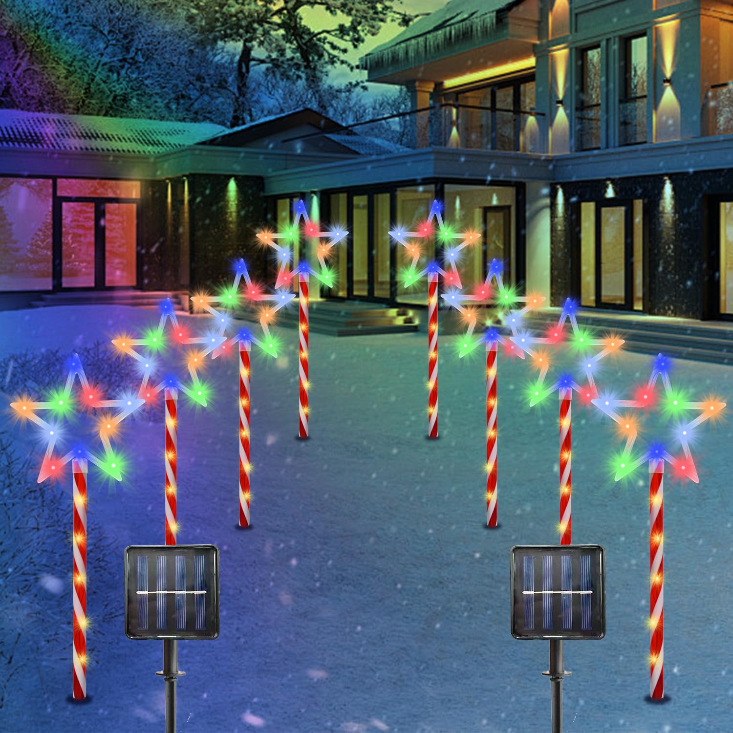 Christmas Decorations Multi-color Star Lights Solar Garden Lights, Outdoor Waterproof Landscape Path Lights with Red Stake, 8 Pa