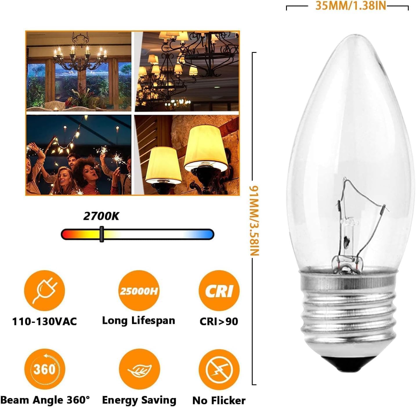 Kodbpj 60W Equivalent Medium E26 Candelabra Base Clear Dimmable Incandescent Torpedo Tip Candle Chandelier (6Pack)