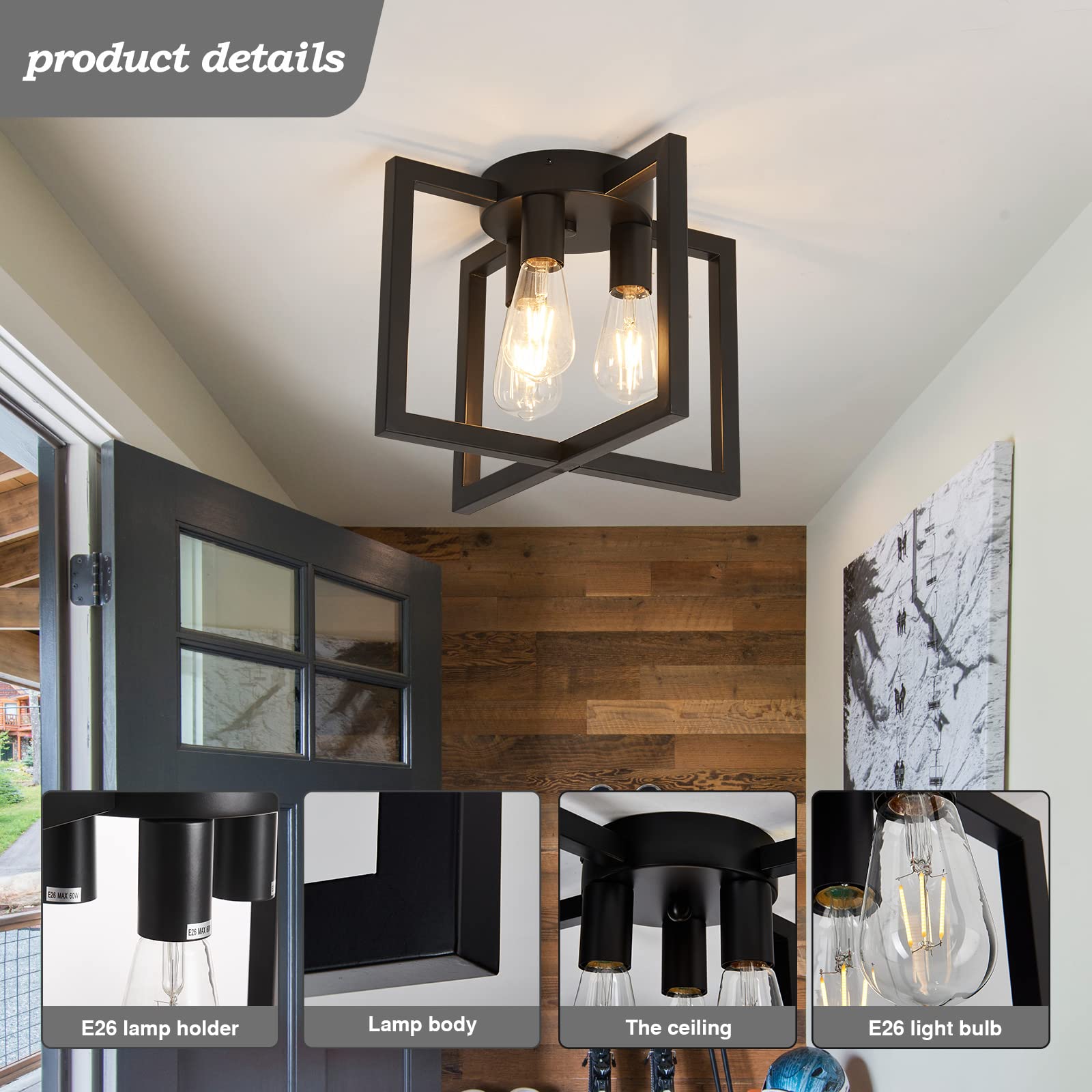 ZGLAOJT 3-Lights Ceiling Light Fixture, Industrial Metal Chandelier, Black, Model Y-1004