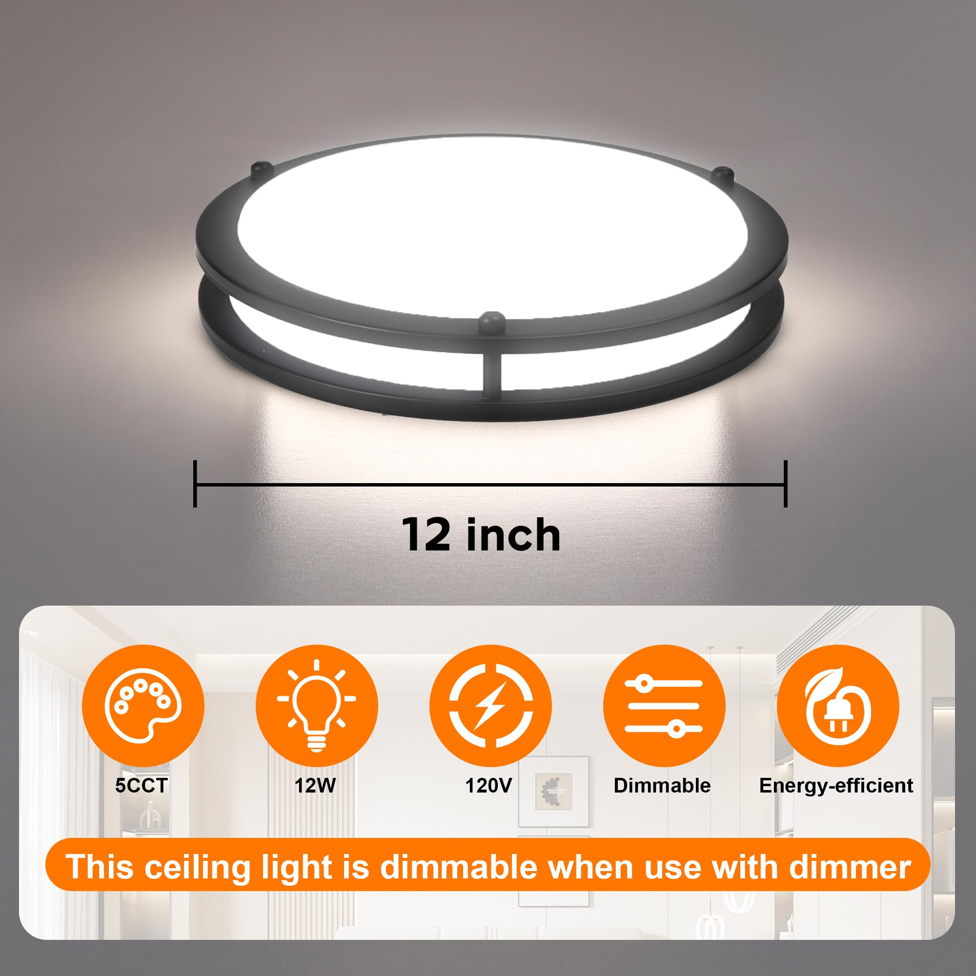Faymart Lighting 2 Pack 12 Inch Round Black Ceiling Light Fixture For Hallway Bedroom - 12  Black Led Flush Mount Ceiling Lamp Set Of Two 2700K/3000K/3500K/4000K/5000K Led Kitchen Bathroom Light