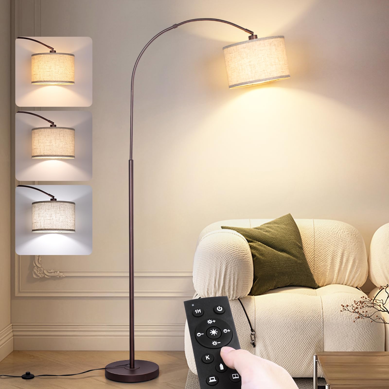 Qingmiao Arc Floor Lamp with Remote, Dimmable Bulb, Metal, Brown, Model QM-FL-ARC