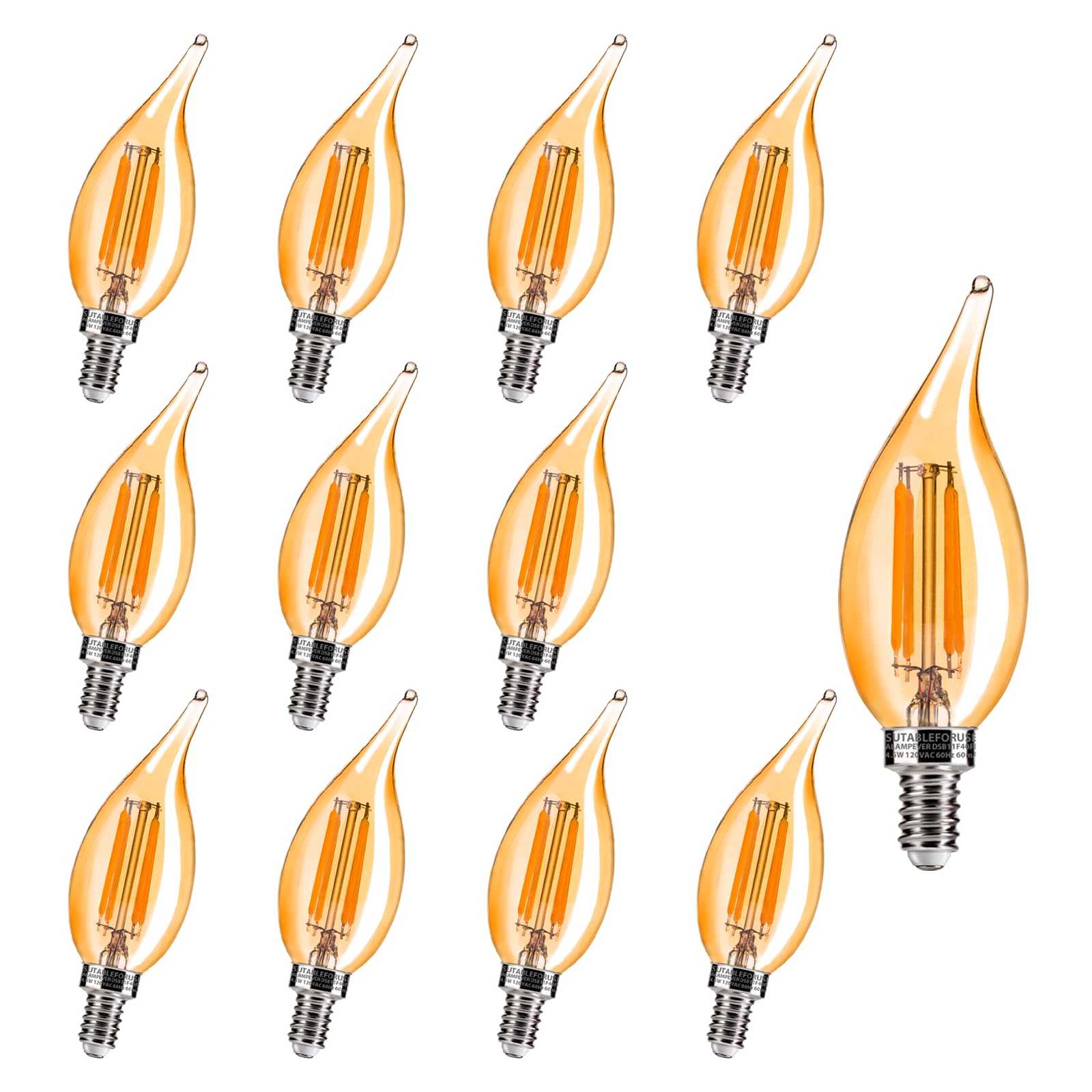ALAMPEVER CA11 LED Chandelier Light Bulbs, 40W Equivalent, Dimmable, 2200K Warm White, 330LM, Amber Glass, 12 Pack