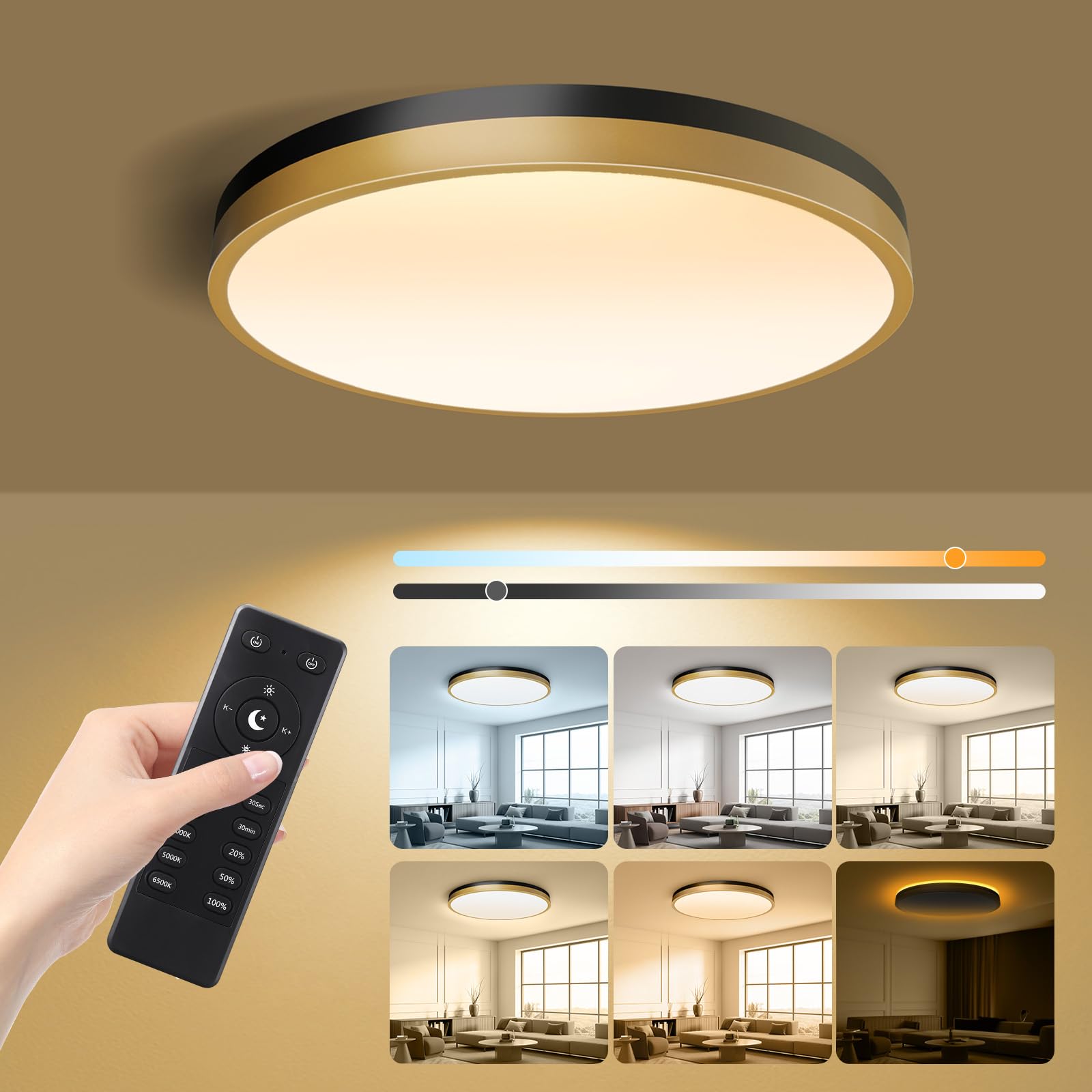 Lightania Flush Mount Ceiling Light 11 Inch Black Gold, 20W 2000LM, Remote Control, Dimmable, Adjustable LED for Bedroom Kitchen Living Room