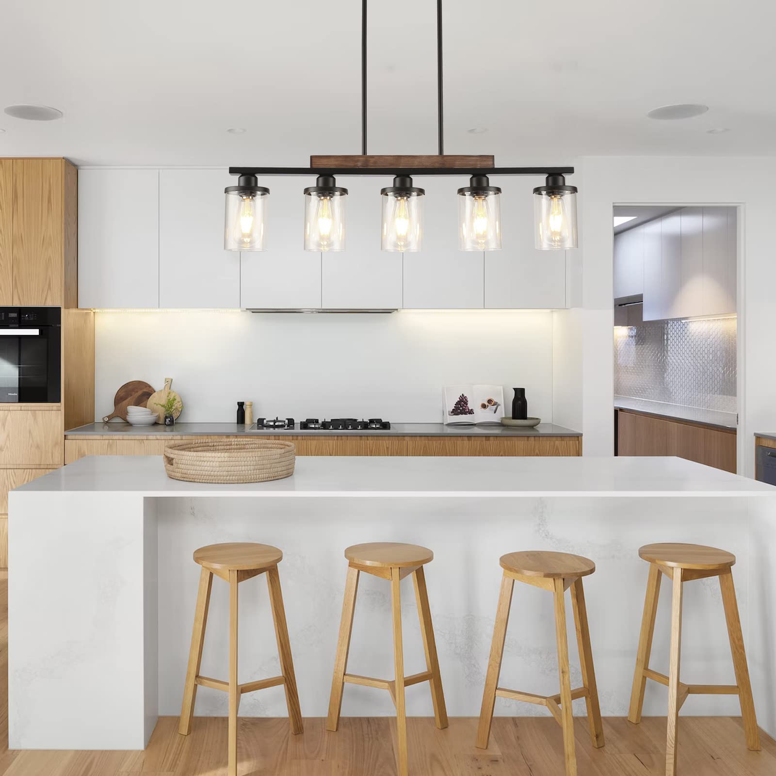 Feohak Dining Room Light Fixture,5-Light Kitchen Island Lighting Farmhouse Chandelier,Matte Black Metal Wood Industrial Pendant