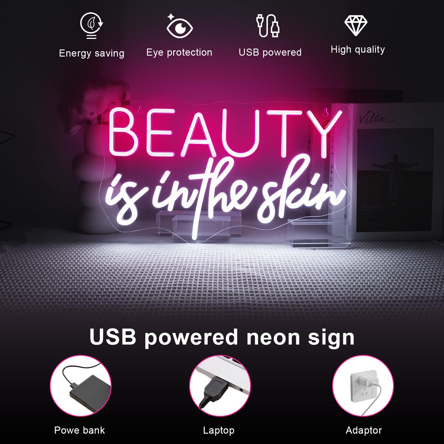 LUCUNSTAR Neon Sign, LED Wall Decoration for Beauty Salon, Medium Size, Plastic Material, Skin-Pink Color