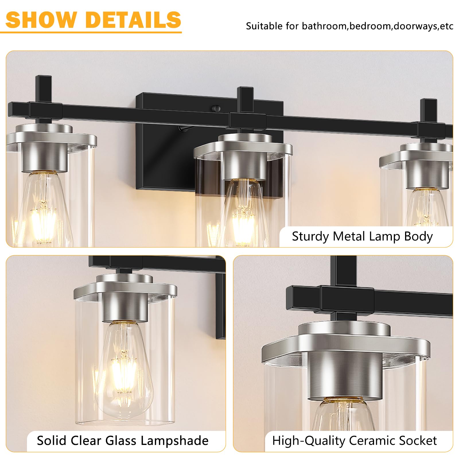 Spiglamm 3-Lights Black And Nickel Bathroom Light Fixtures, Modern Vanity Light With Clear Glass Shade, Over Mirror For Bedroom