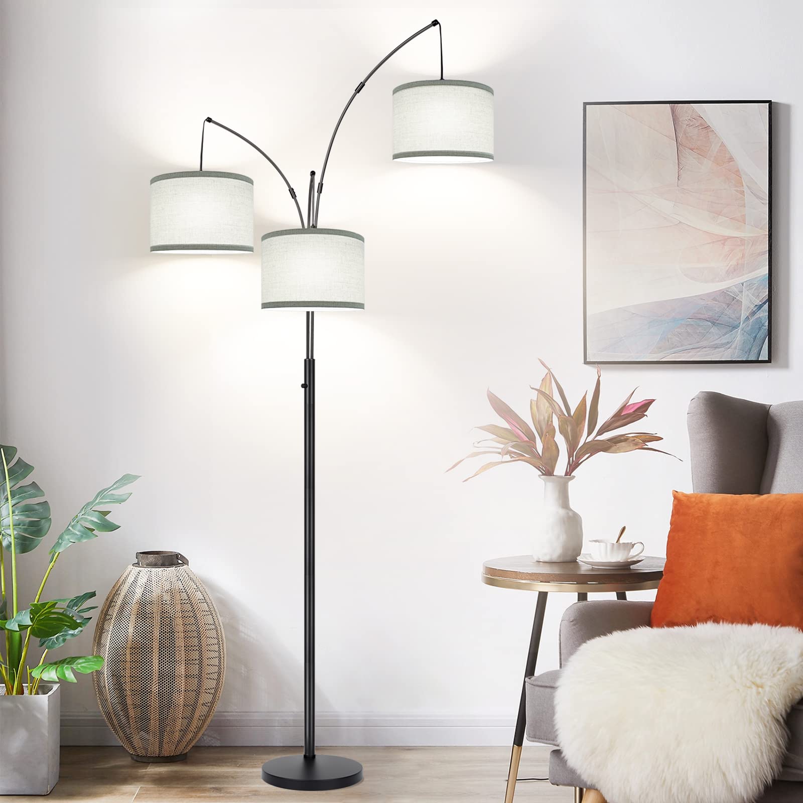 Nintiue Dimmable Floor Lamp - 3-Lights Arc Design, 1000LM, Matte Black with Gray Linen Shades, Model F1378, Includes 3 LED Bulbs