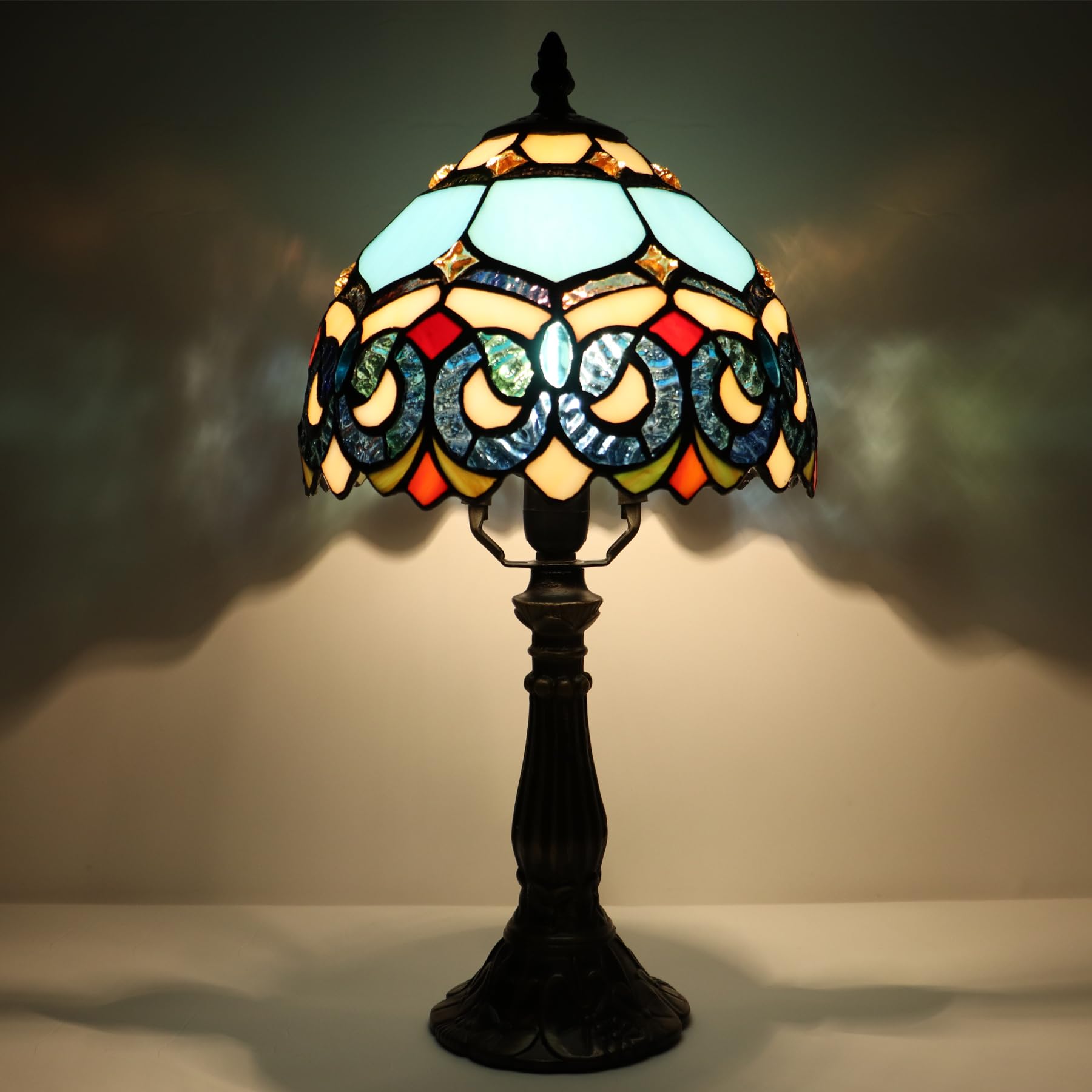 Lxhcyou Small Tiffany Lamp Mini Accent Table Lamp Stained Glass Desk Memory Lamp Sympathy 8X14.5 Inch (Sapphire Style)