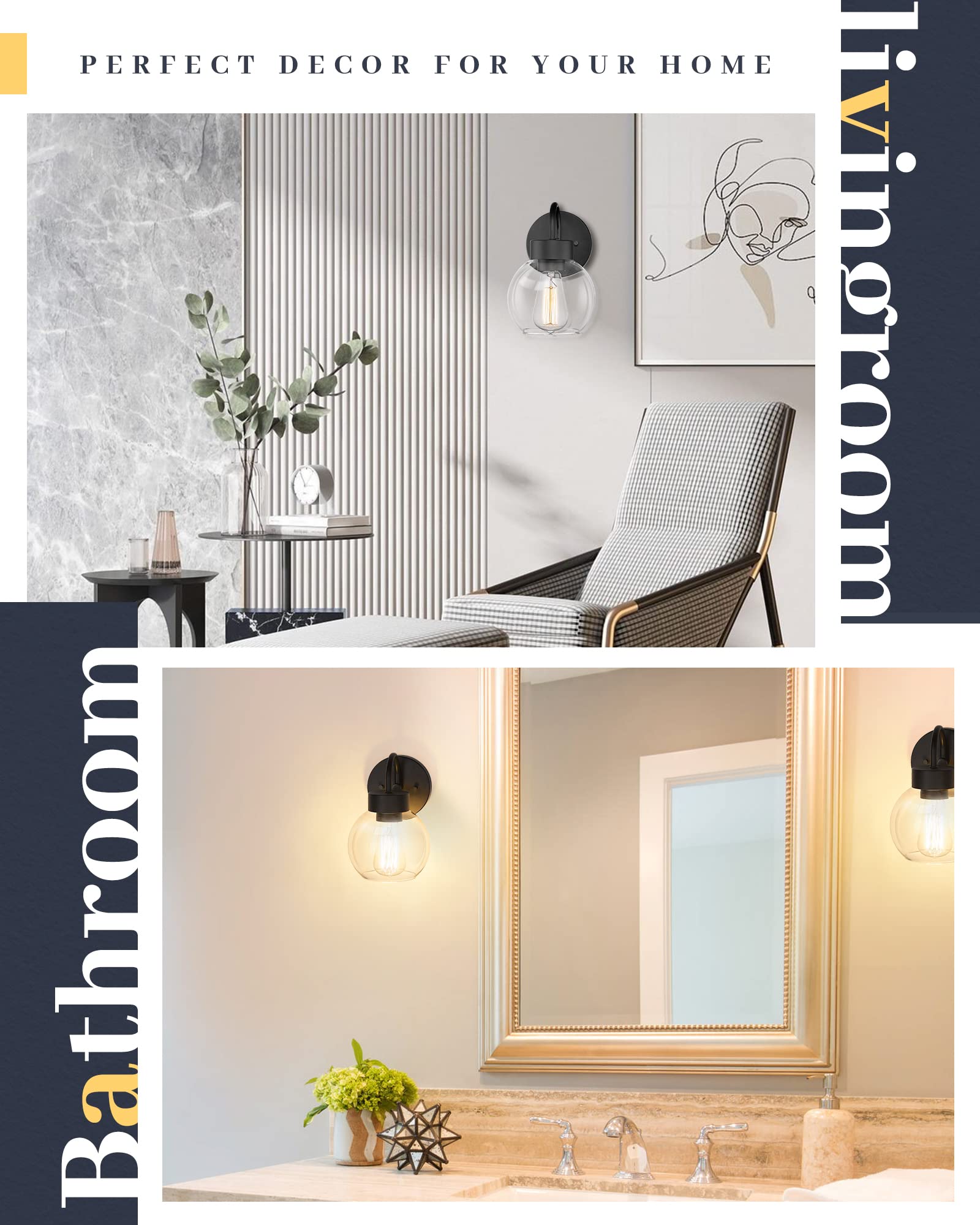 EAPUDUN 1-Light Bathroom Light Fixture, Matte Black, Globe Clear Glass Shade, Model WLA1433-MBK