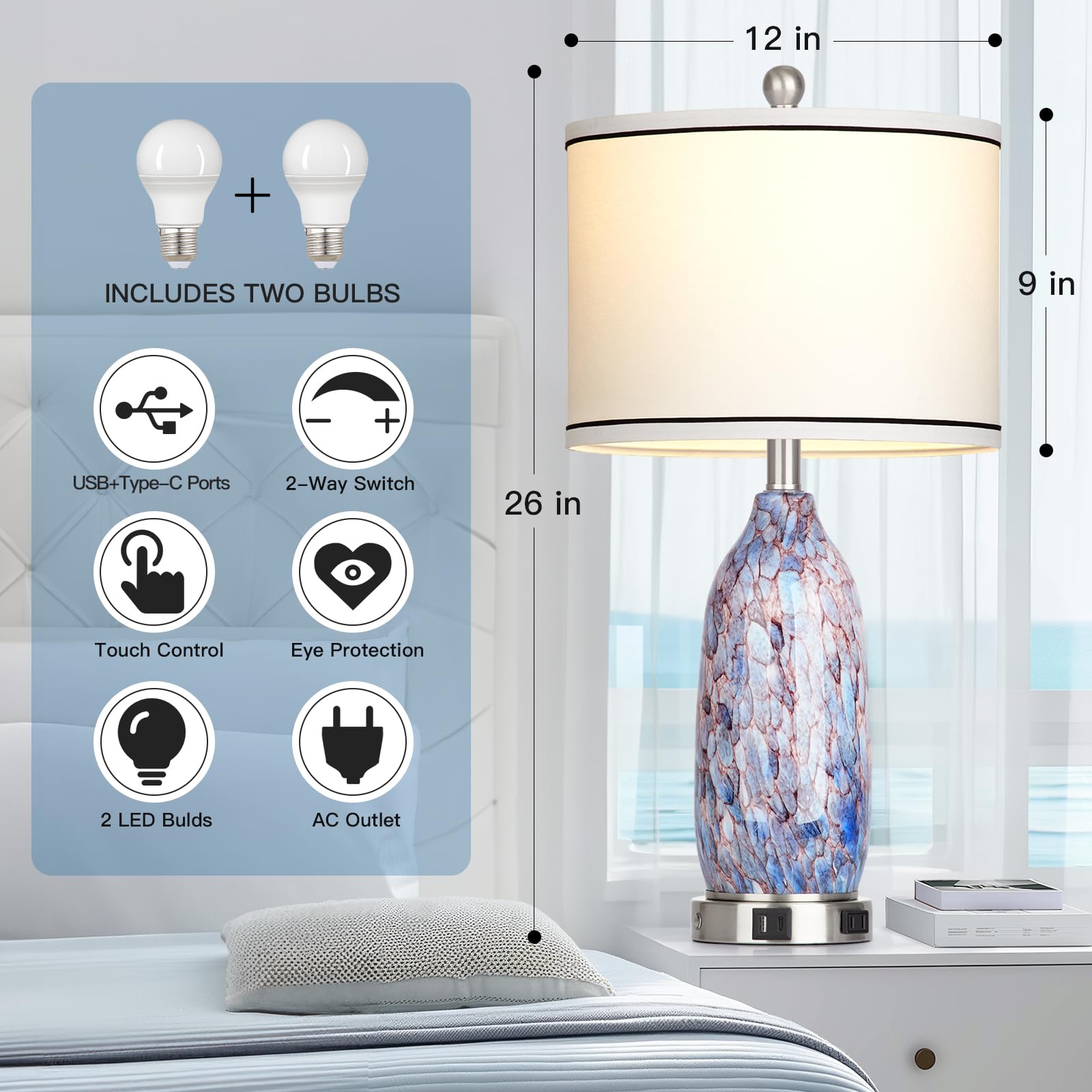 Cinyirong 26 Coastal Glass Table Lamps Set of 2 for Living Room, 3 Way Touch Bedside Lamp for Bedroom, Nautical Beachy Lamp with